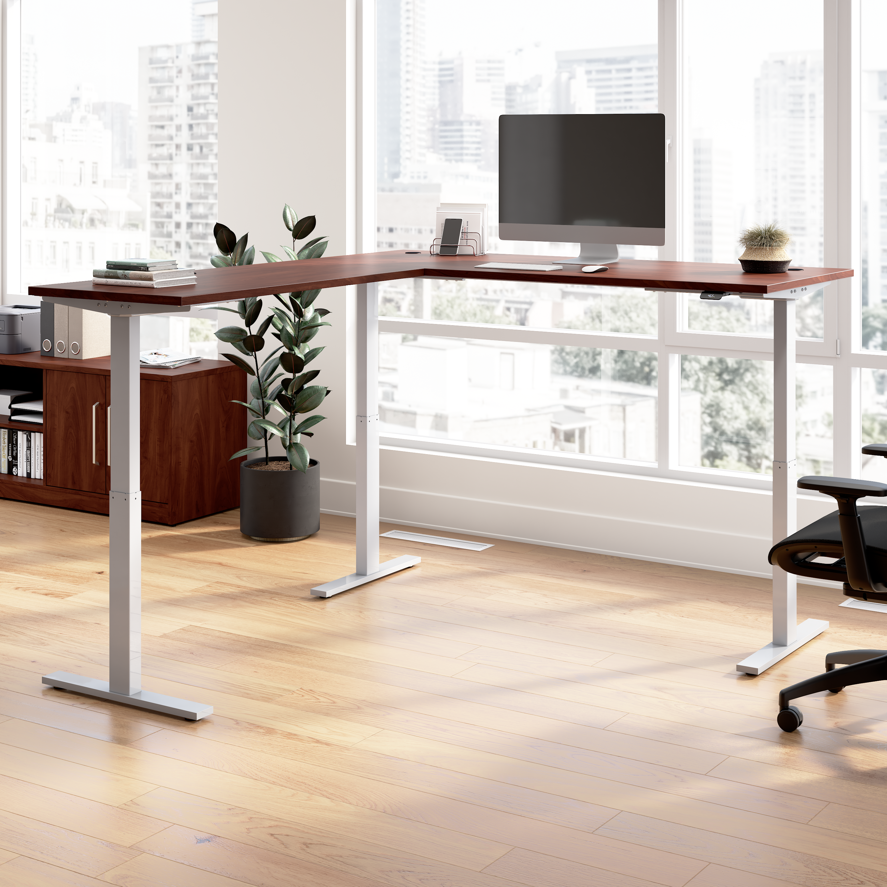 Shop Bush Business Furniture Move 60 Series 72W Height Adjustable L Shaped Standing Desk 01 M6SL7278HCSK #color_hansen cherry/cool gray metallic