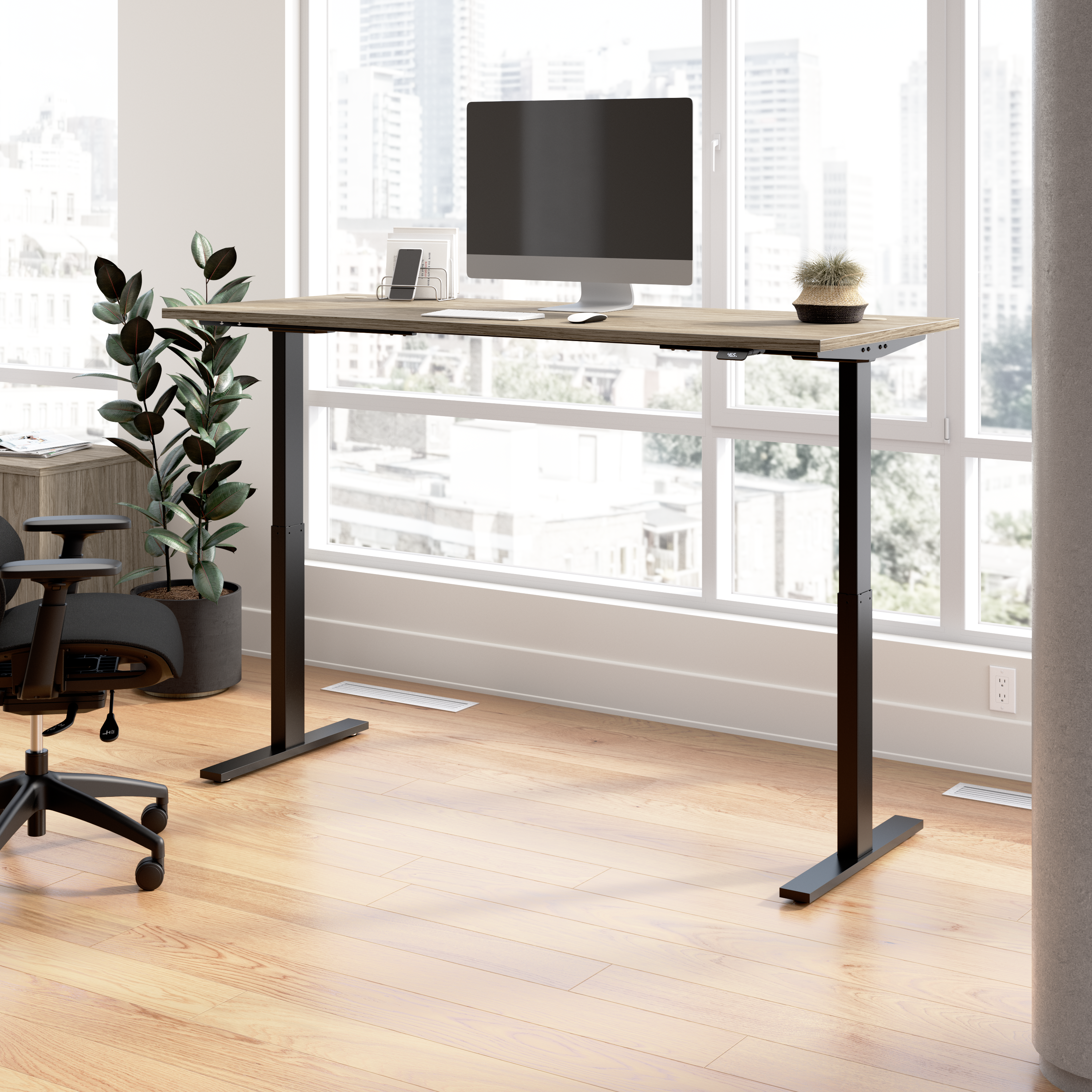 Shop Bush Business Furniture Move 60 Series 72W x 30D Electric Height Adjustable Standing Desk 01 M6S7230MHBK #color_modern hickory/black powder coat