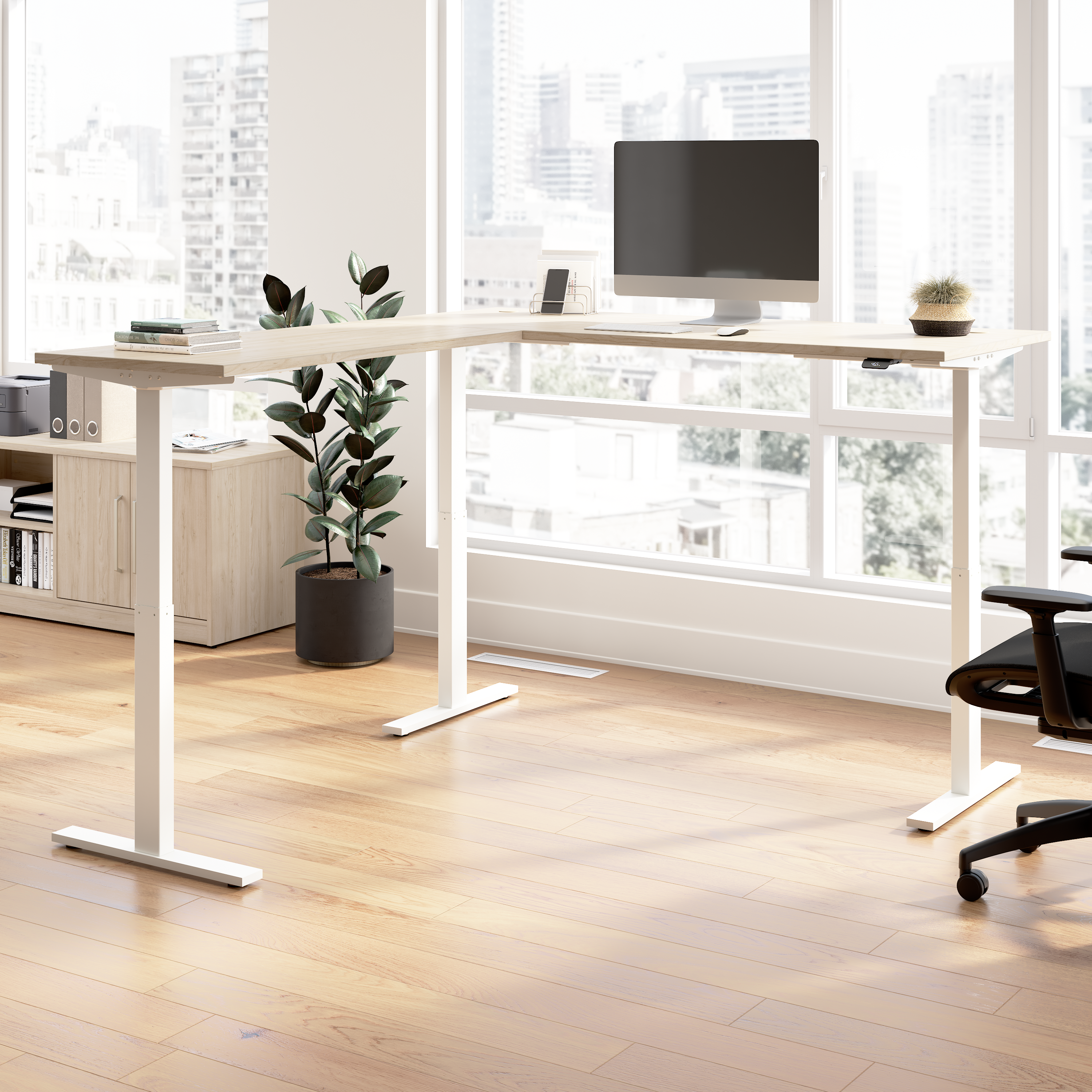 Shop Bush Business Furniture Move 60 Series 72W Height Adjustable L Shaped Standing Desk 01 M6SL7278NEWK #color_natural elm/white powder coat