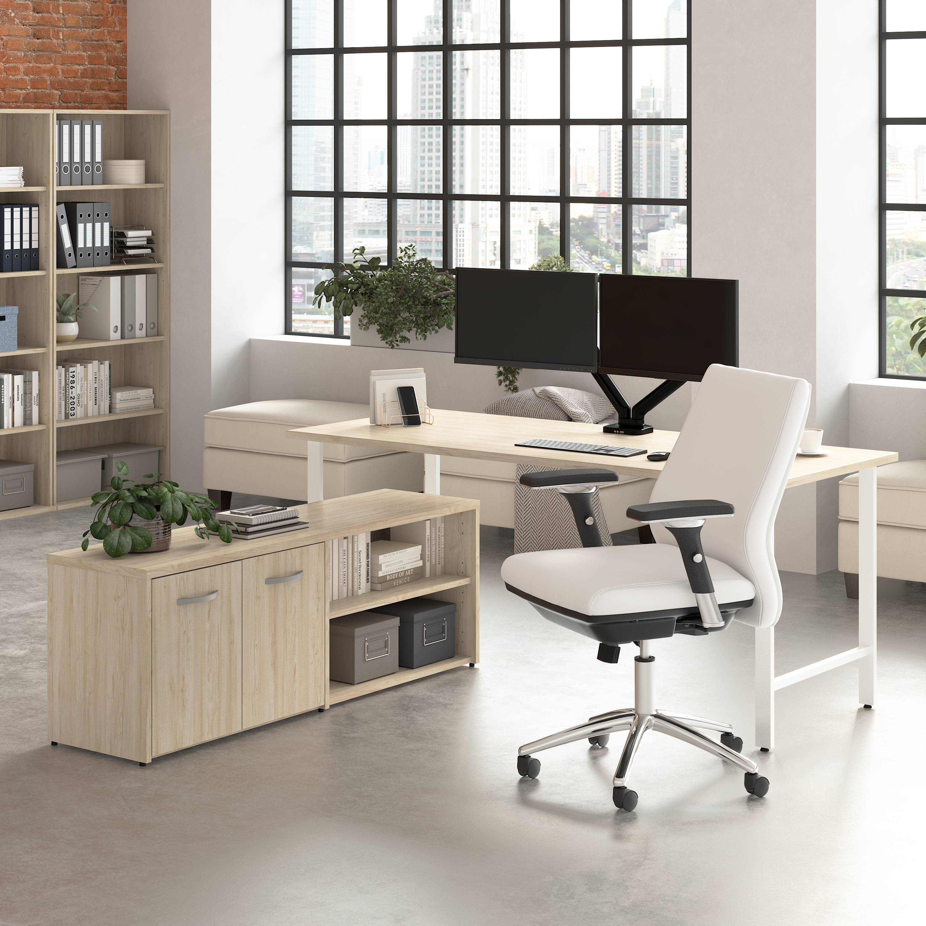 Shop Bush Business Furniture Hustle 72W x 30D Computer Desk and Low Storage Cabinet with Doors and Shelves 01 HUS012NE #color_natural elm