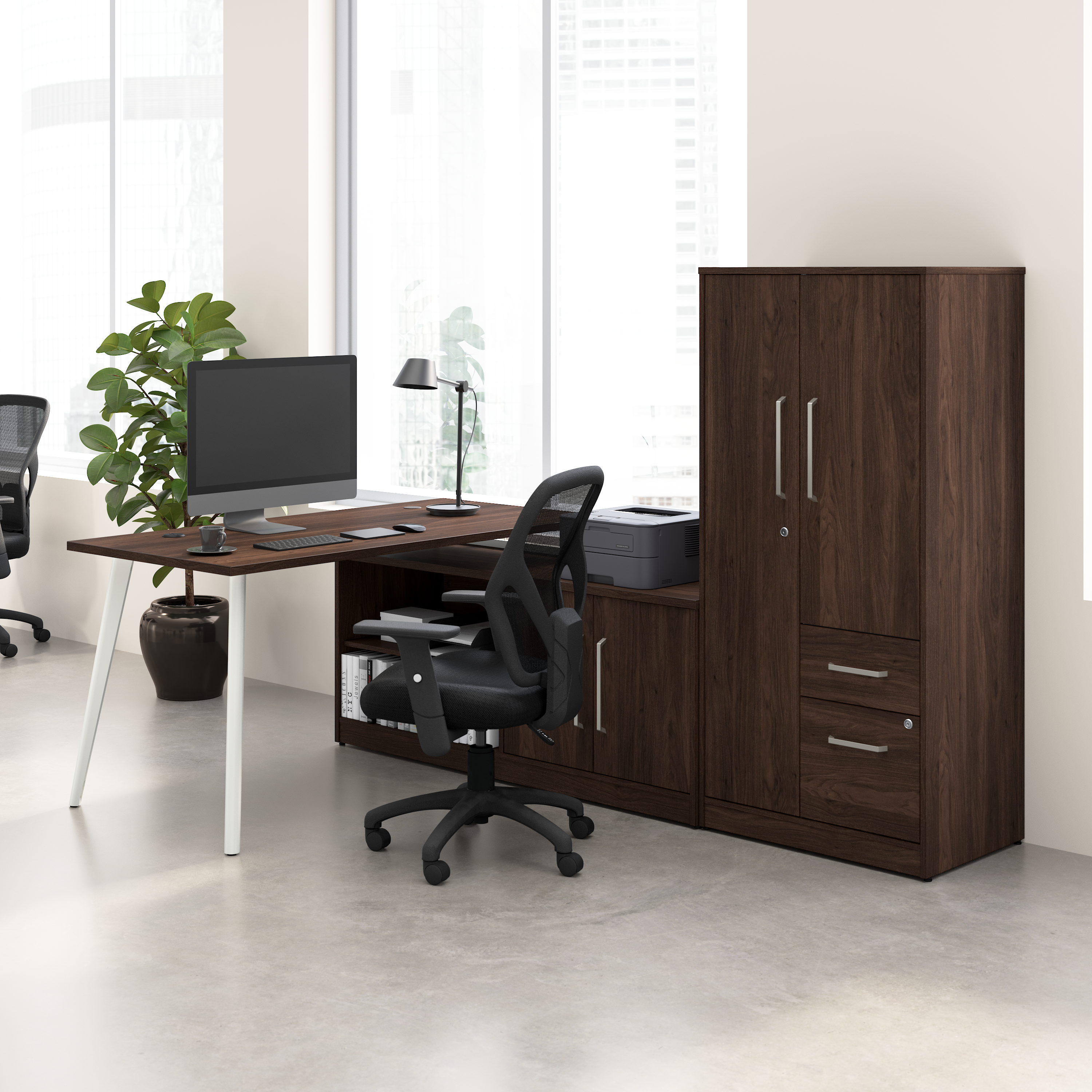 Shop Bush Business Furniture Vista 60W L Shaped Desk with Metal Legs, Low Storage Cabinet, and Wardrobe 01 VST010BW #color_black walnut