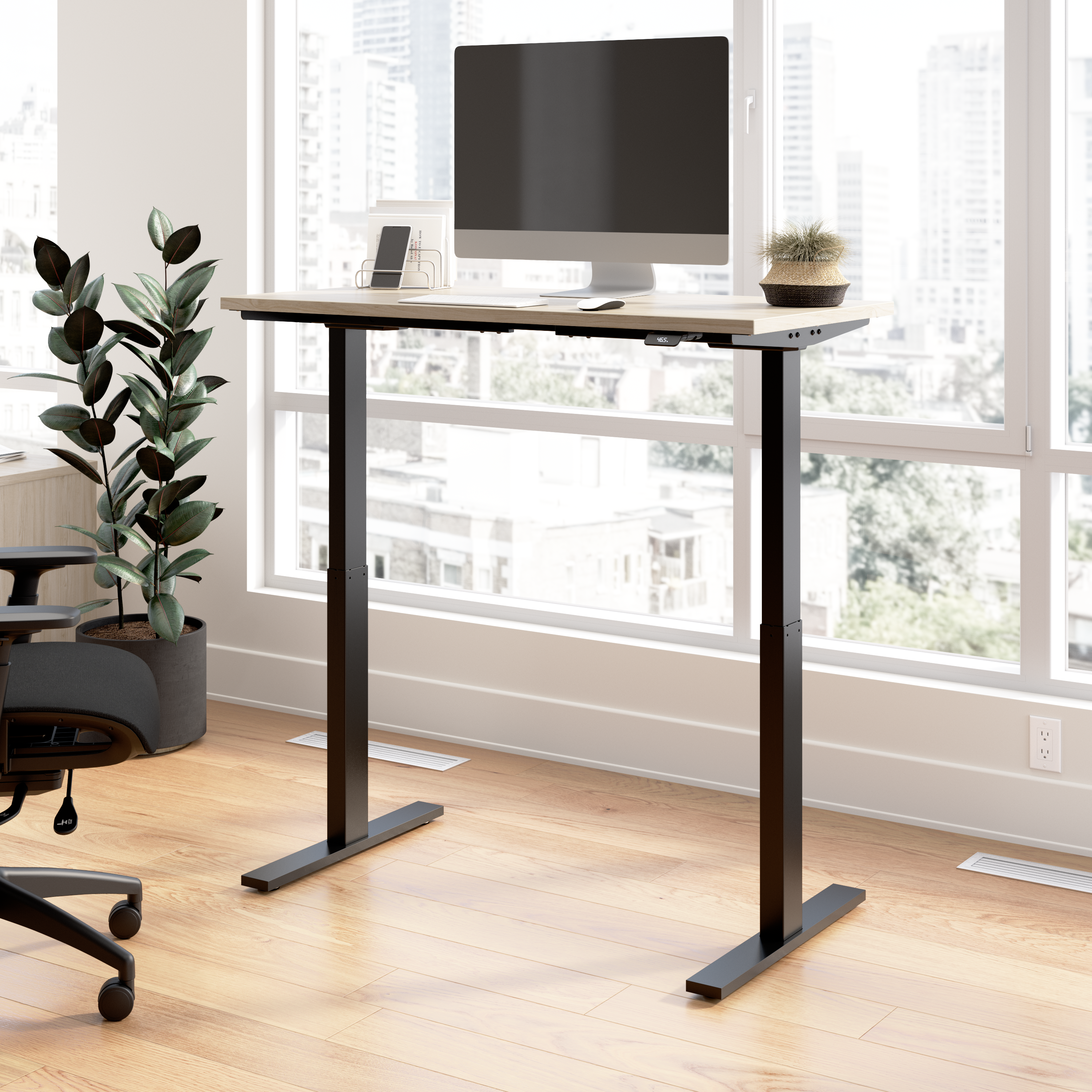 Shop Bush Business Furniture Move 60 Series 48W x 24D Electric Height Adjustable Standing Desk 01 M6S4824NEBK #color_natural elm/black powder coat