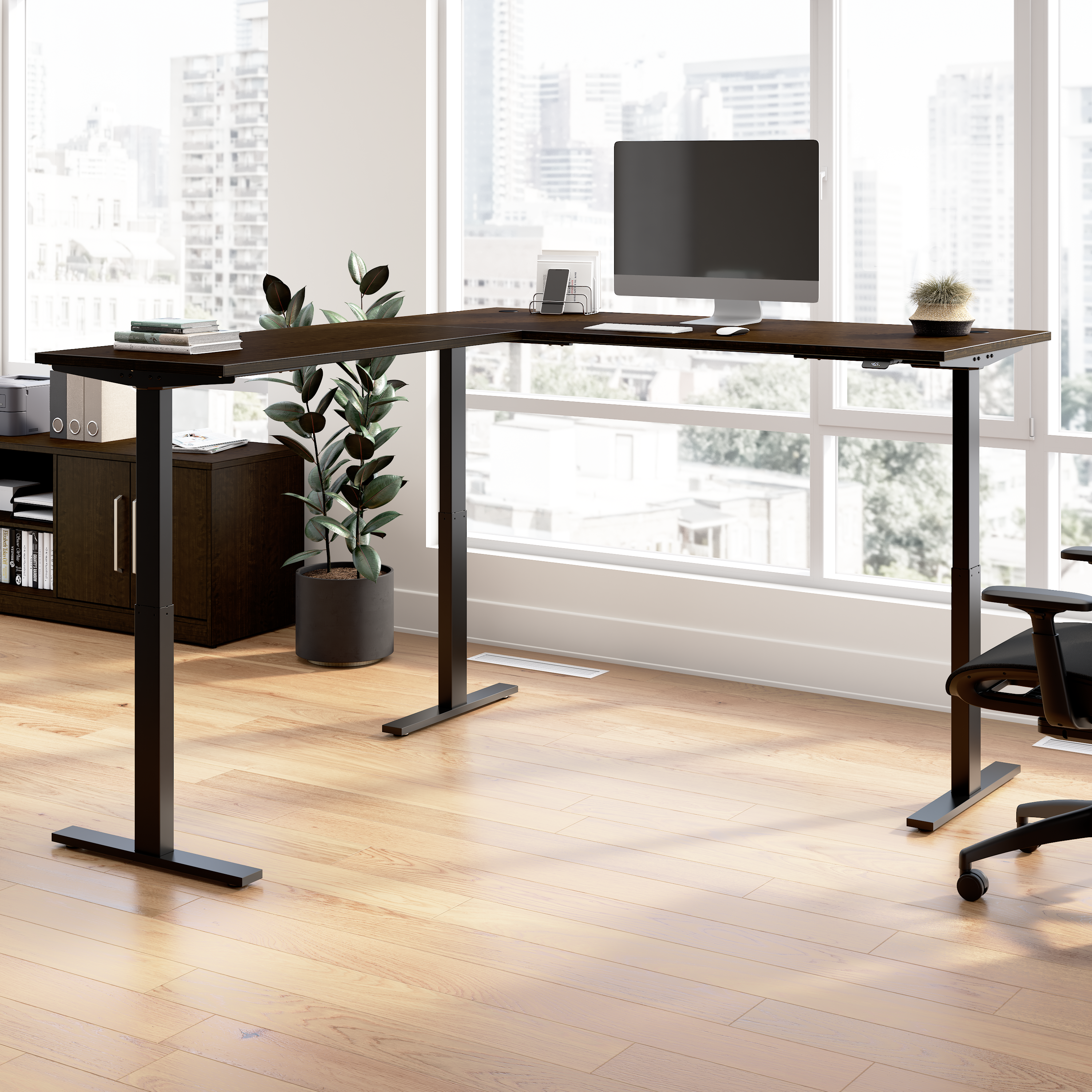 Shop Bush Business Furniture Move 60 Series 72W Height Adjustable L Shaped Standing Desk 01 M6SL7278MRBK #color_mocha cherry/black powder coat