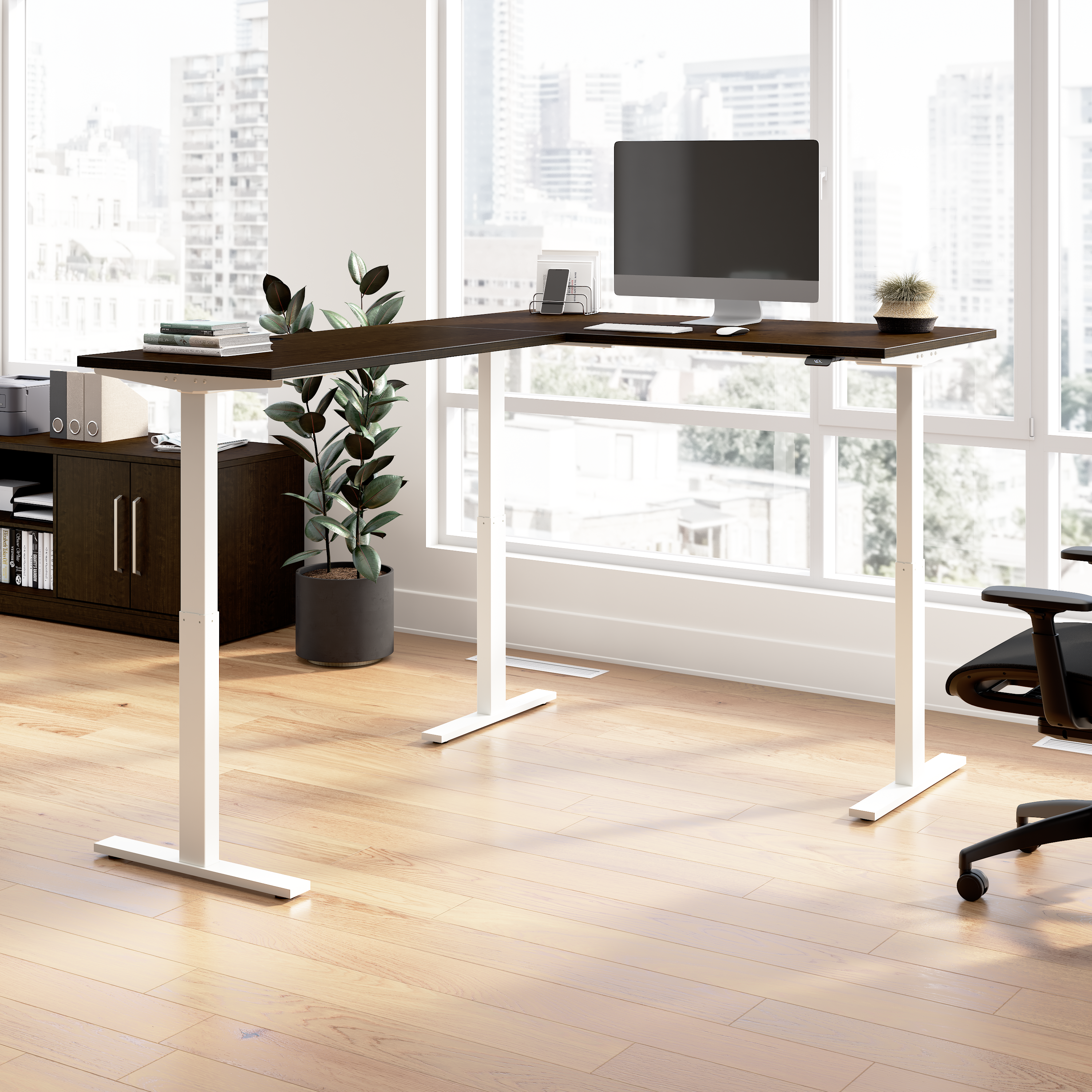 Shop Bush Business Furniture Move 60 Series 60W Height Adjustable L Shaped Standing Desk 01 M6SL6078MRWK #color_mocha cherry/white powder coat