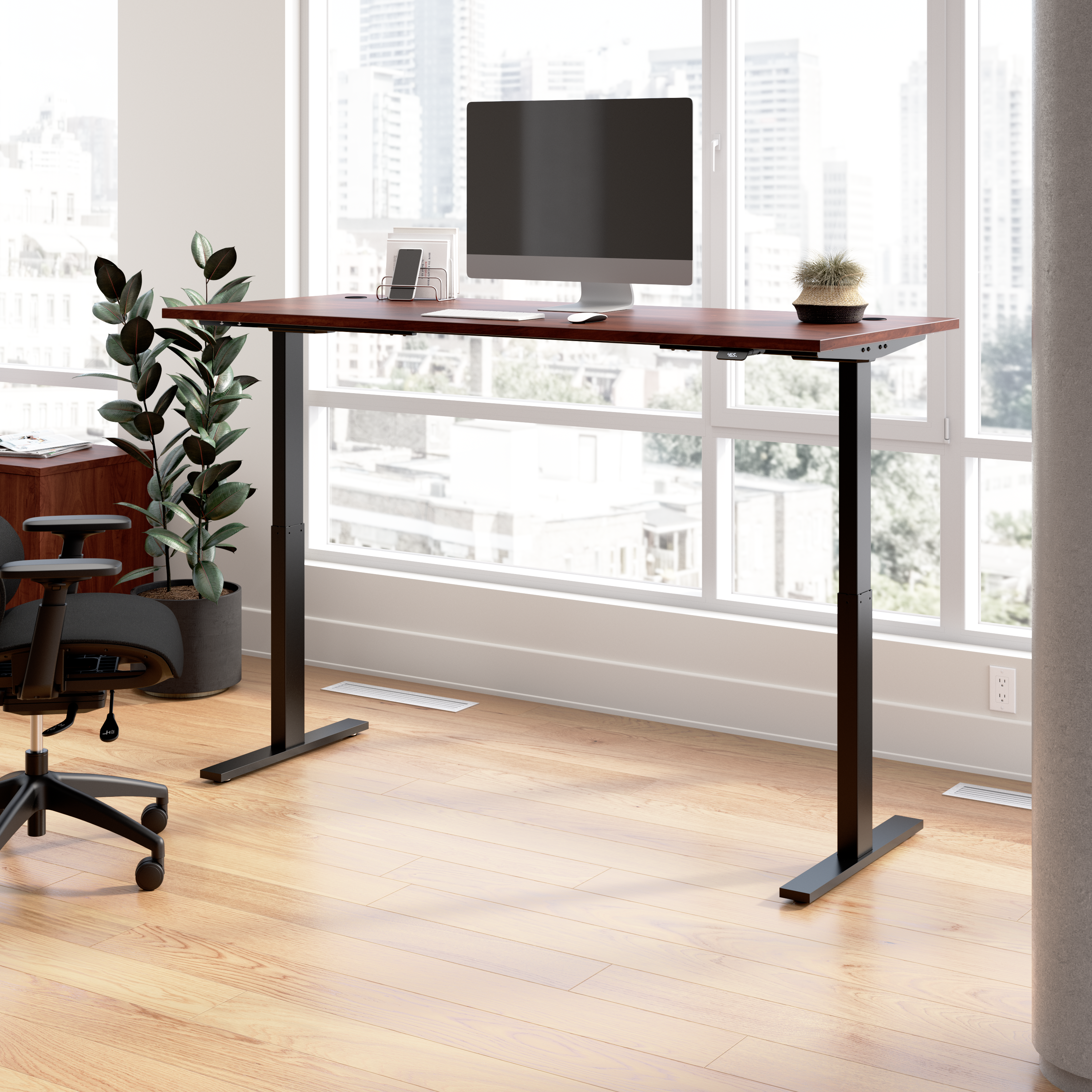 Shop Bush Business Furniture Move 60 Series 72W x 30D Electric Height Adjustable Standing Desk 01 M6S7230HCBK #color_hansen cherry/black powder coat