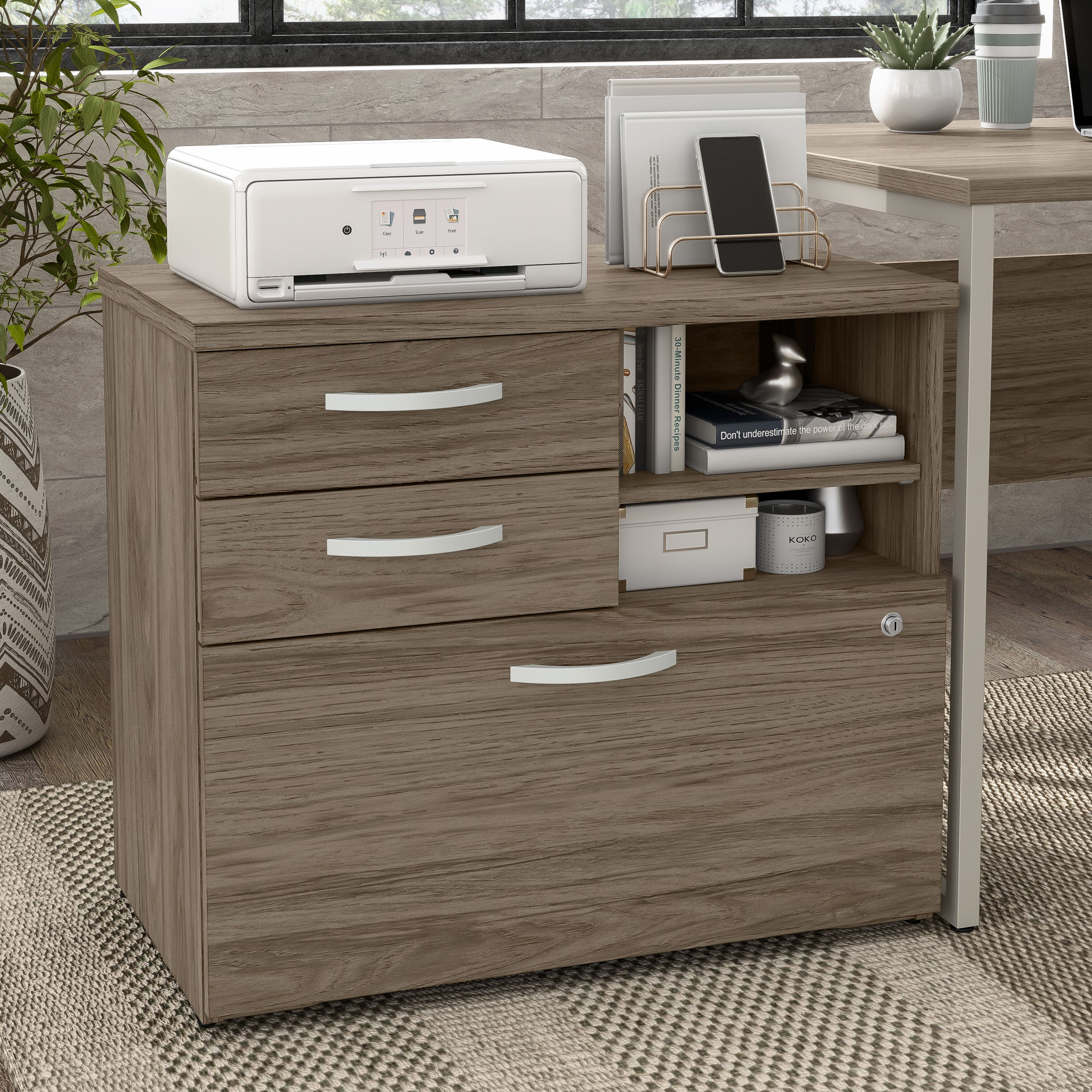 Shop Bush Business Furniture Hybrid Office Storage Cabinet with Drawers and Shelves 01 HYF130MHSU-Z #color_modern hickory