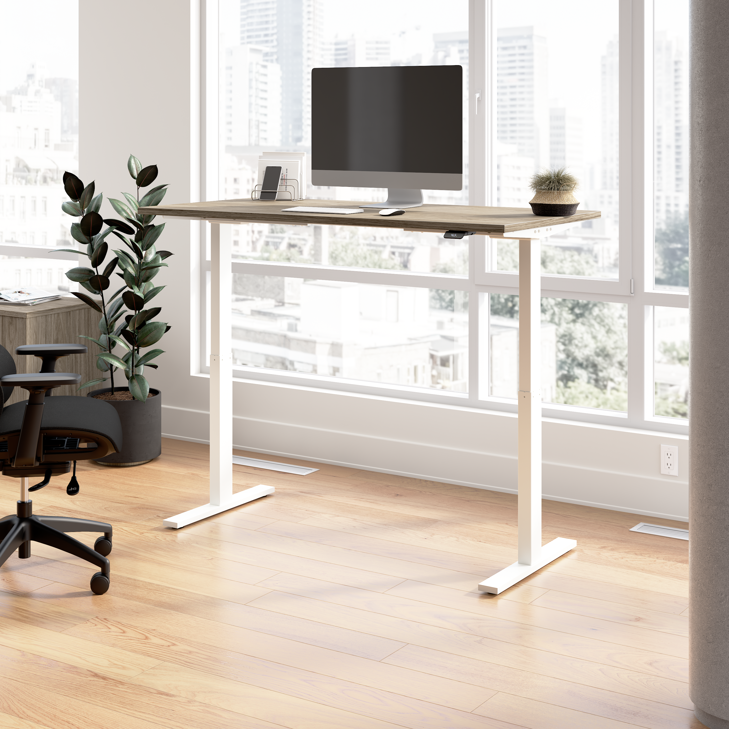 Shop Bush Business Furniture Move 60 Series 60W x 30D Electric Height Adjustable Standing Desk 01 M6S6030MHWK #color_modern hickory/white powder coat