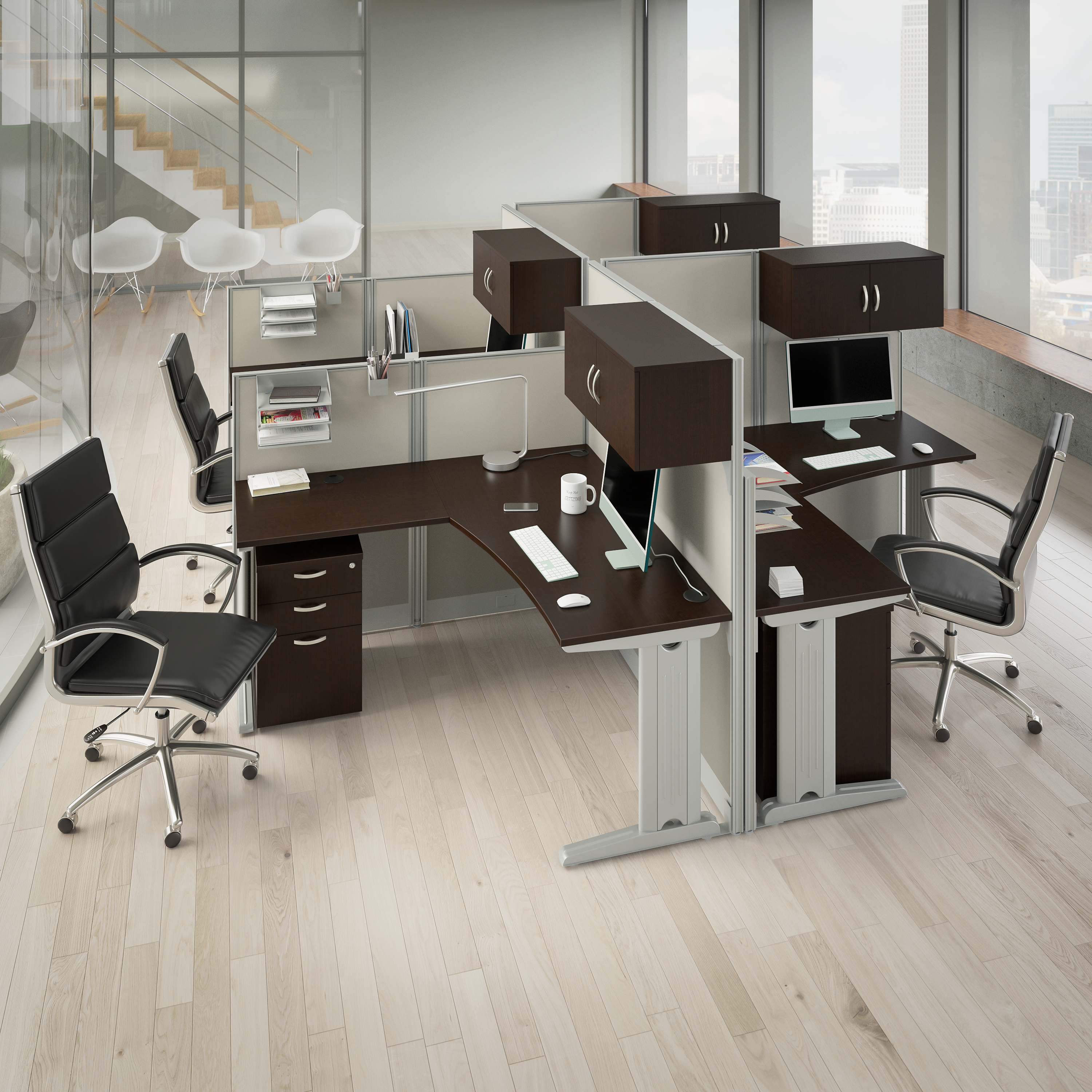 Shop Bush Business Furniture Office in an Hour 65W x 65D L Shaped Cubicle Desk 05 WC36894-03K #color_mocha cherry