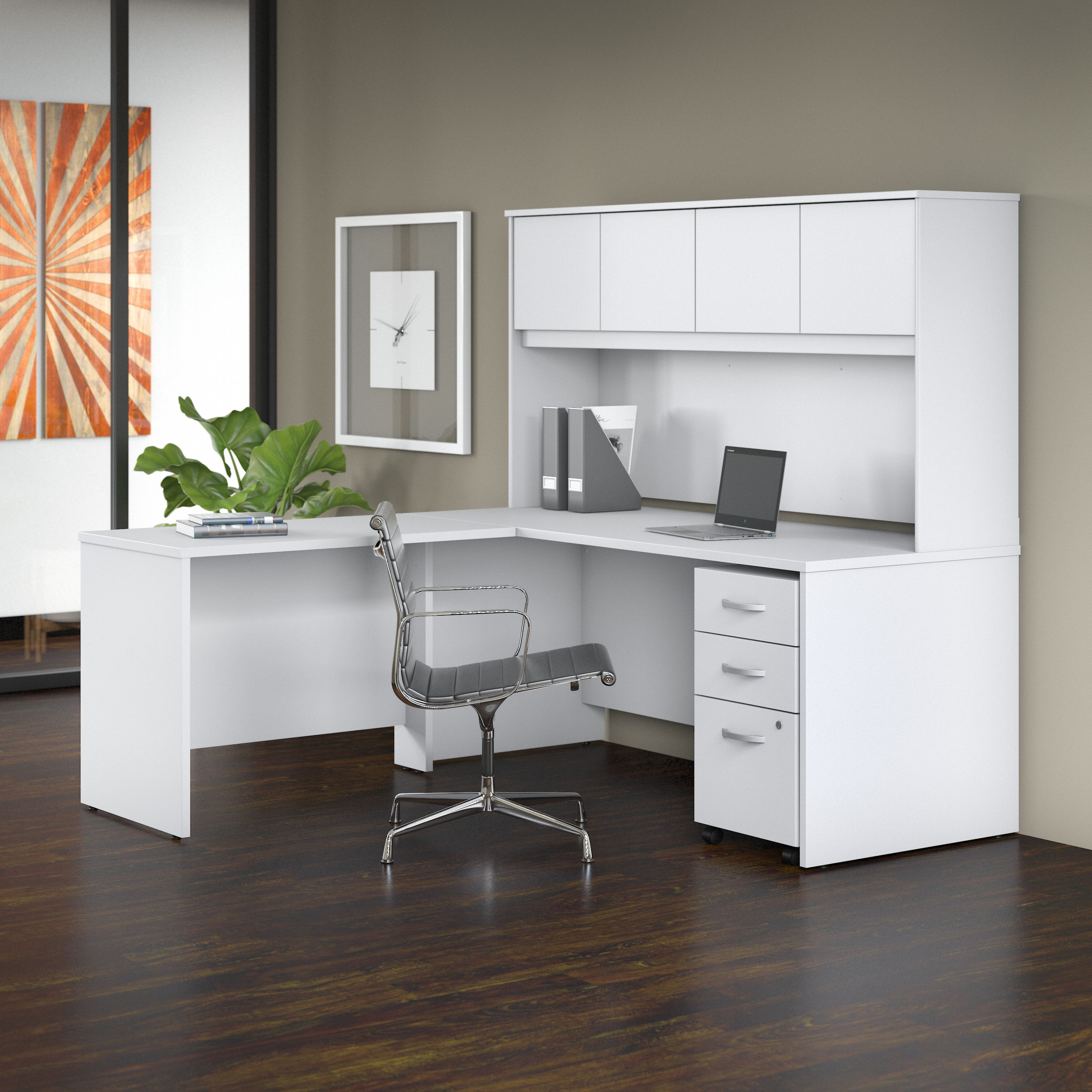 Shop Bush Business Furniture Studio C 72W x 30D L Shaped Desk with Hutch, Mobile File Cabinet and 42W Return 01 STC006WHSU #color_white