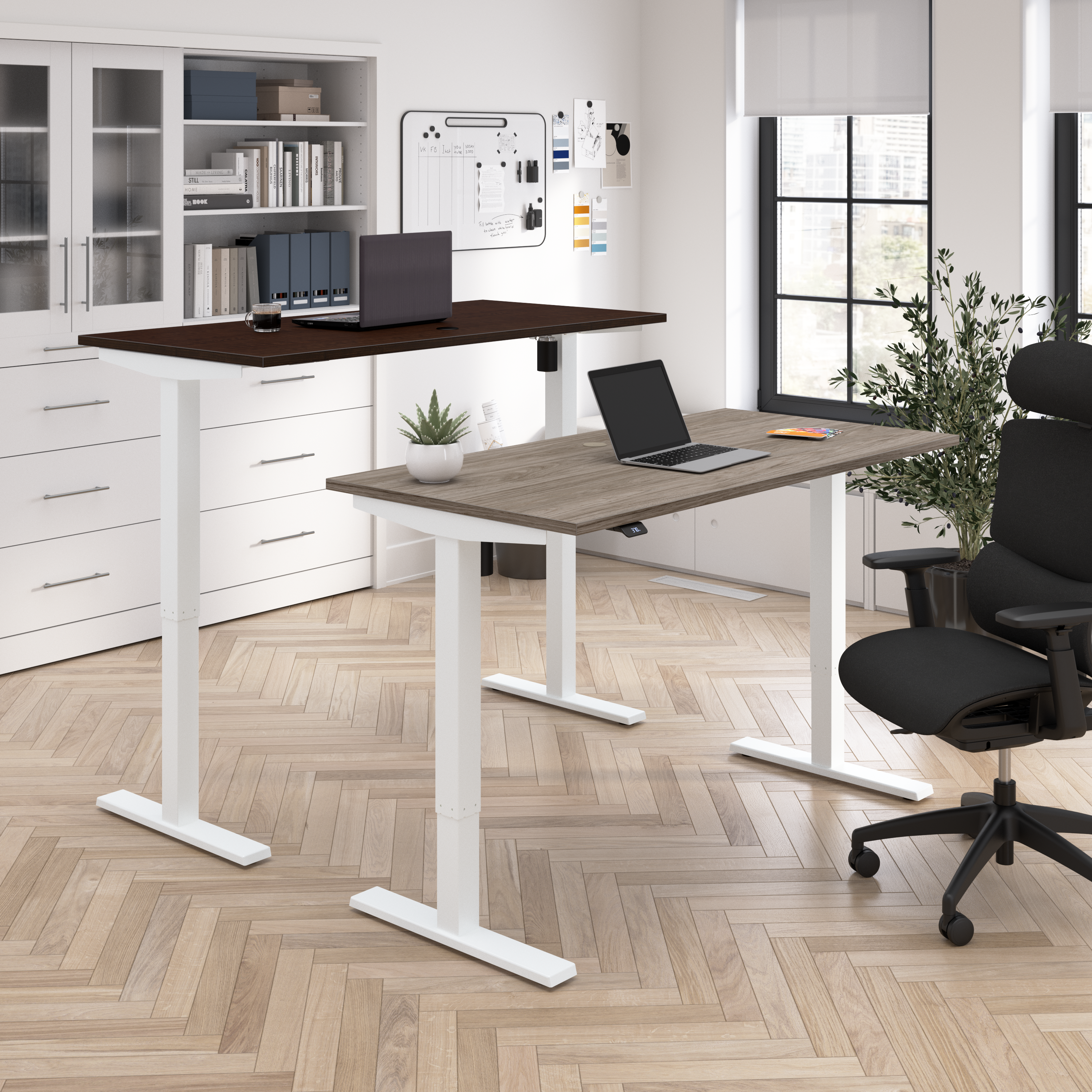 Shop Bush Business Furniture Move 40 Series 48W x 24D Electric Height Adjustable Standing Desk 03 M4S4824MHWK #color_modern hickory/white powder coat