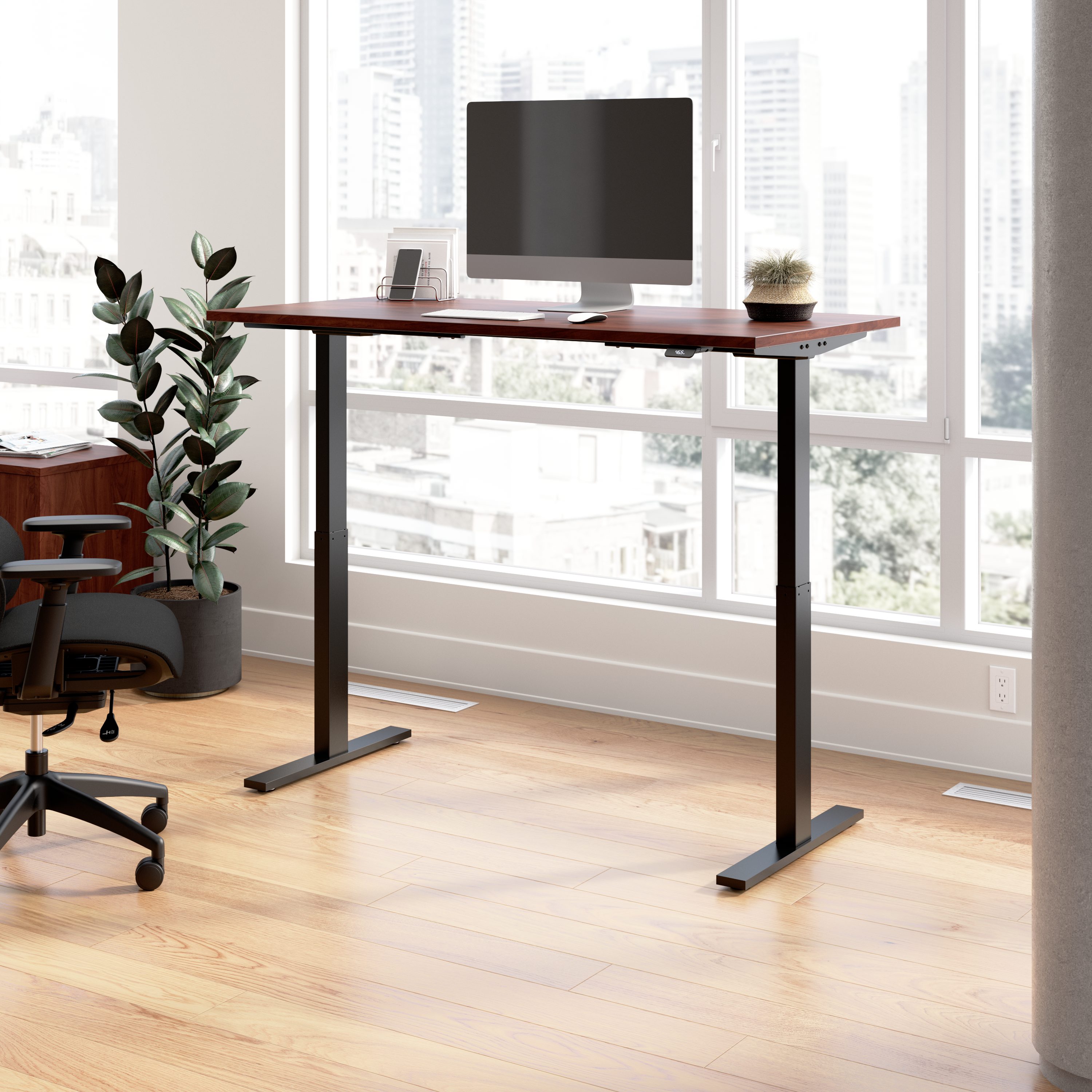 Shop Bush Business Furniture Move 60 Series 60W x 30D Electric Height Adjustable Standing Desk 01 M6S6030HCBK #color_hansen cherry/black powder coat