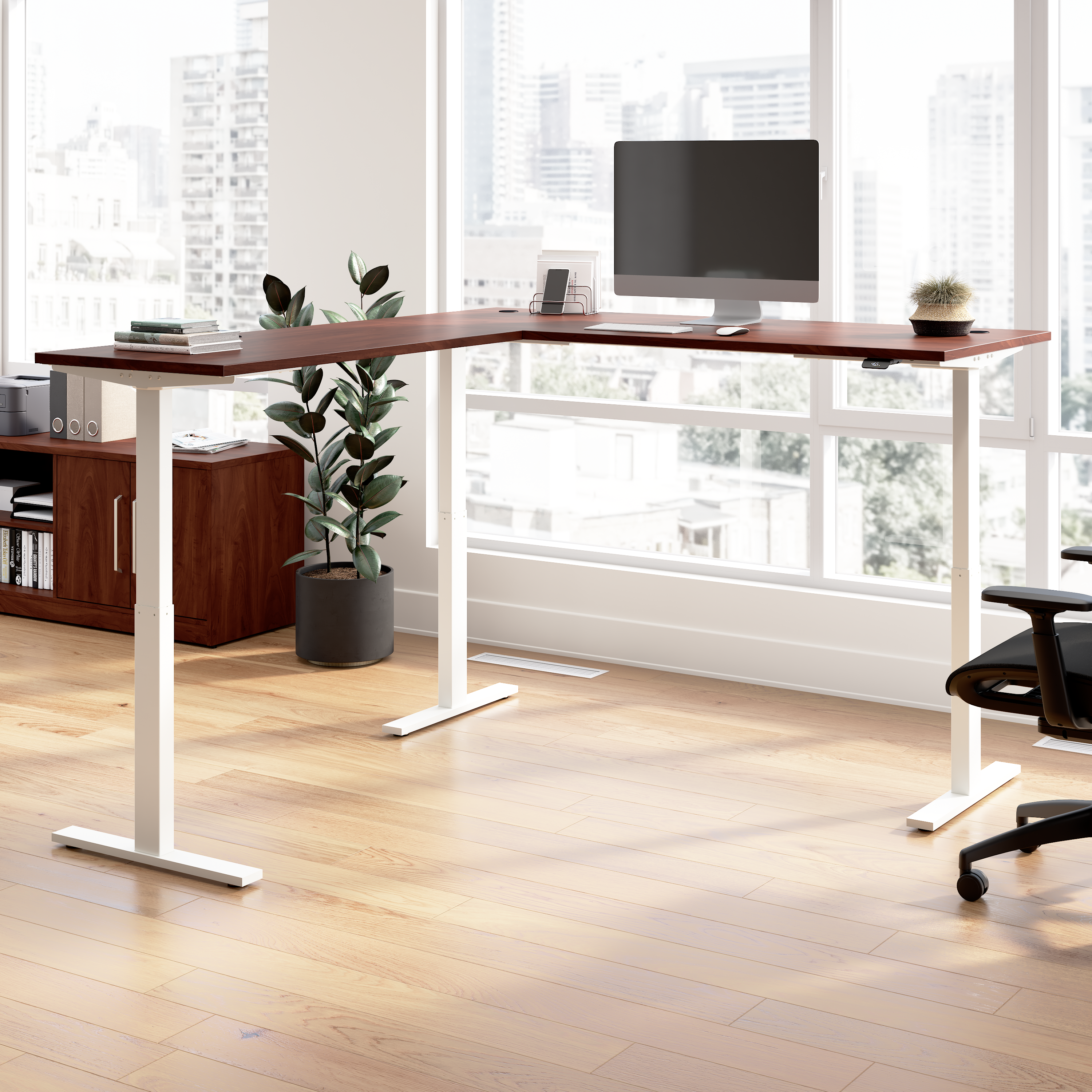 Shop Bush Business Furniture Move 60 Series 72W Height Adjustable L Shaped Standing Desk 01 M6SL7278HCWK #color_hansen cherry/white powder coat