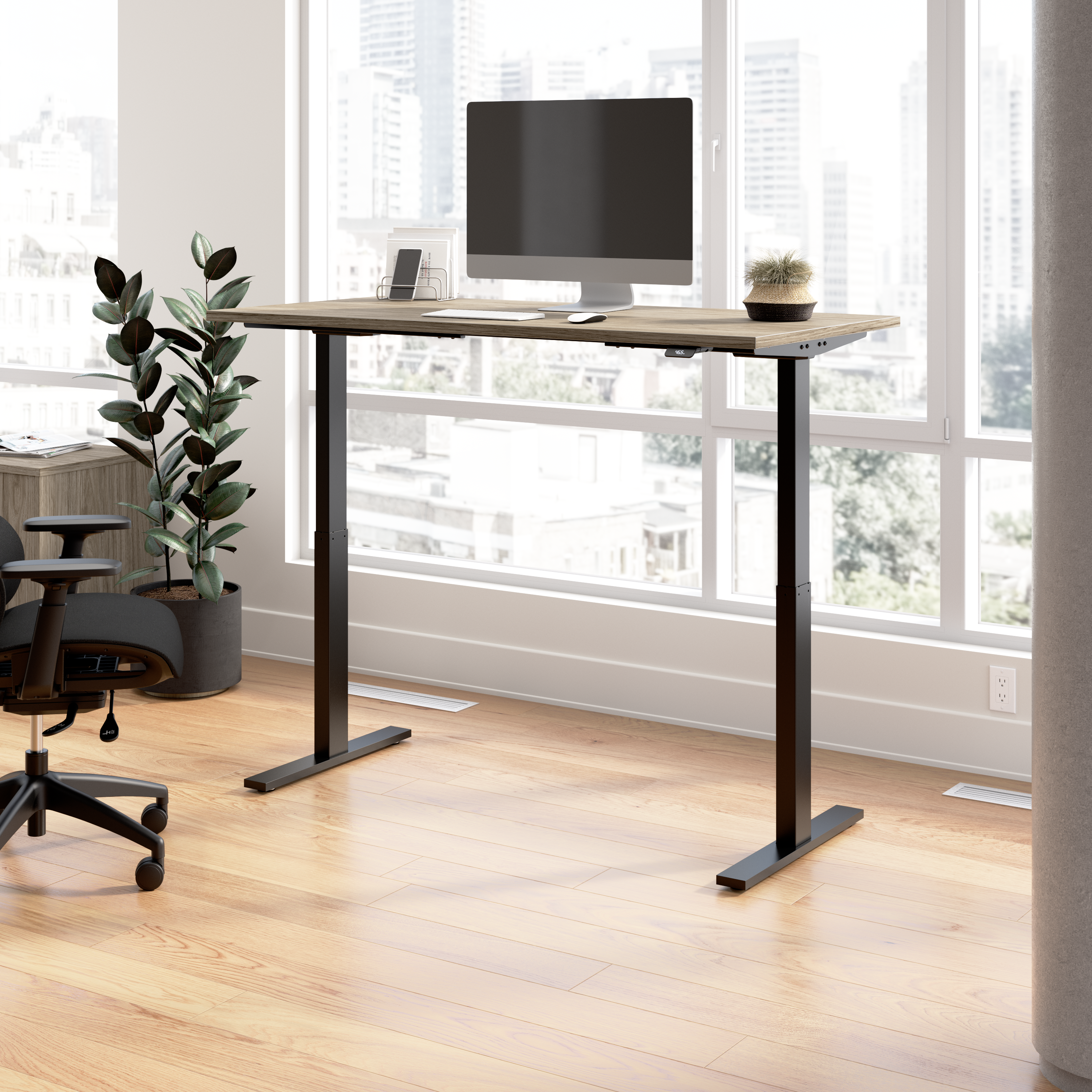 Shop Bush Business Furniture Move 60 Series 60W x 30D Electric Height Adjustable Standing Desk 01 M6S6030MHBK #color_modern hickory/black powder coat