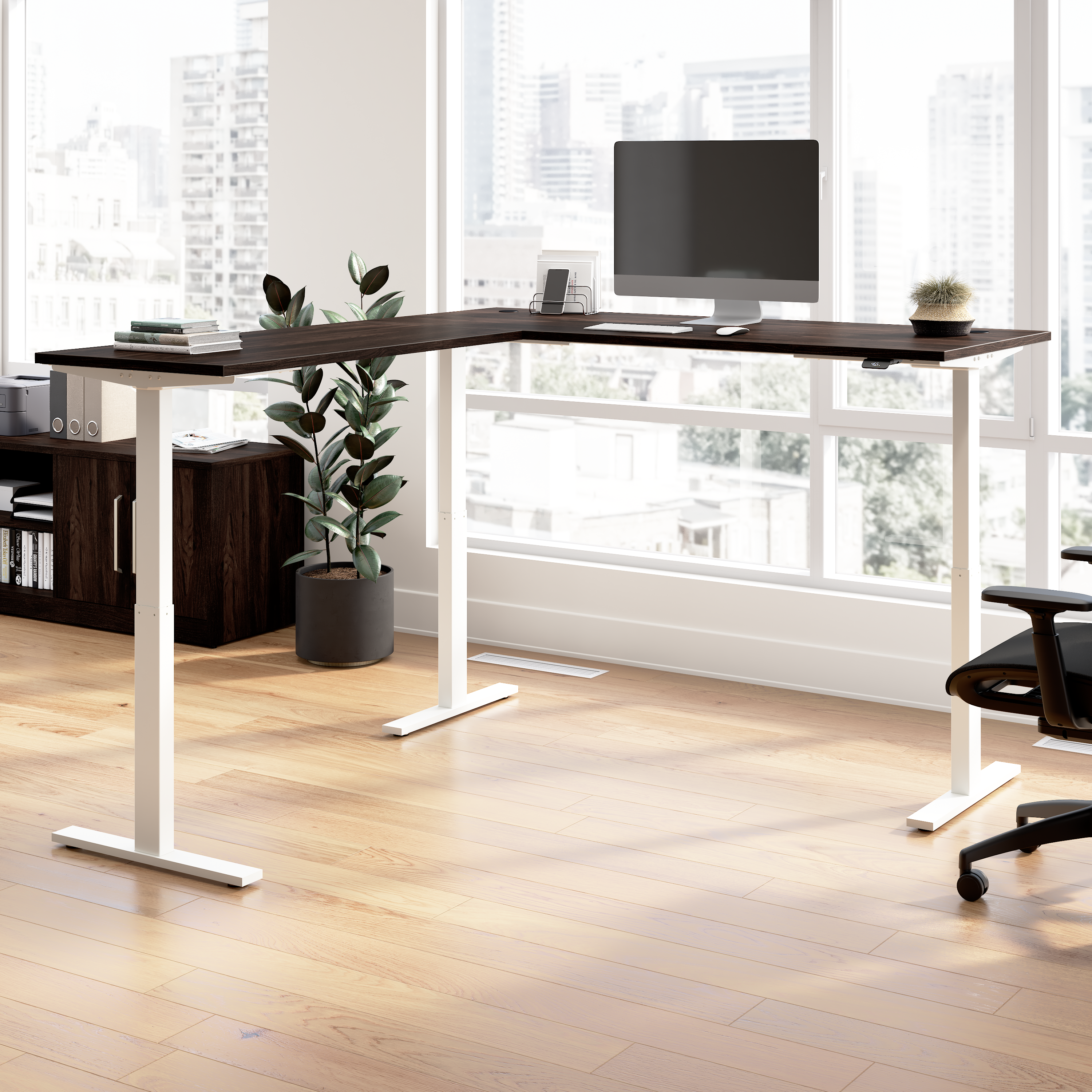 Shop Bush Business Furniture Move 60 Series 72W Height Adjustable L Shaped Standing Desk 01 M6SL7278BWWK #color_black walnut/white powder coat