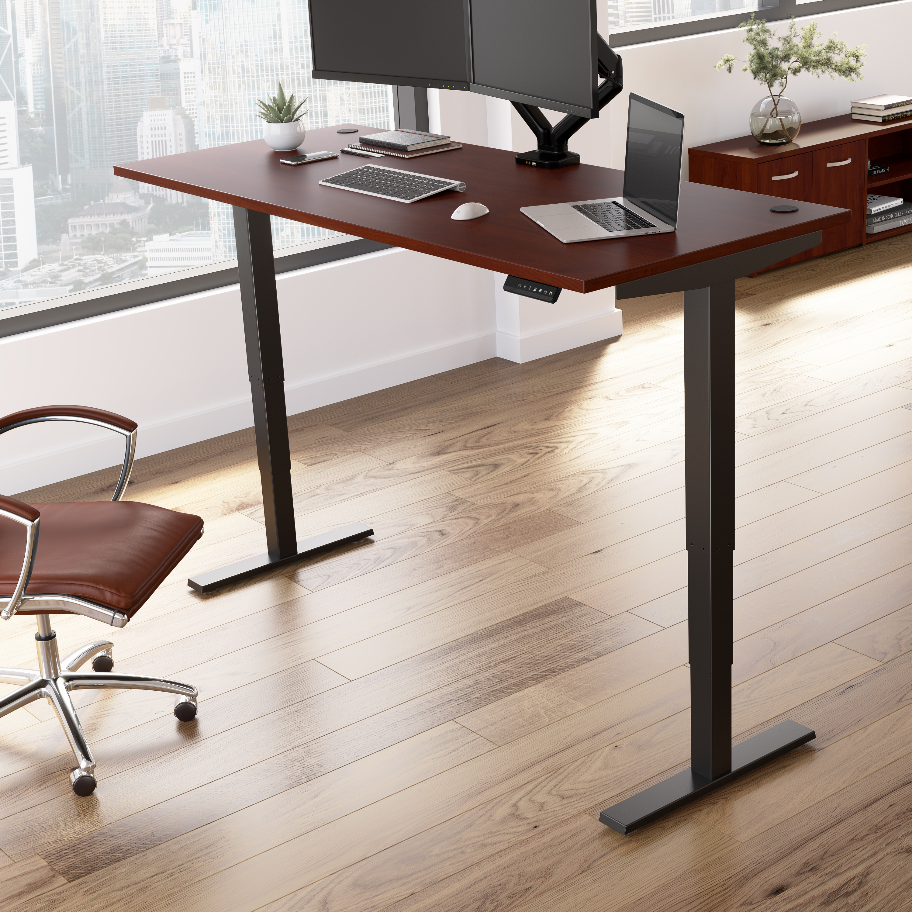 Shop Move 40 Series by Bush Business Furniture 72W x 30D Electric Height Adjustable Standing Desk 01 M4S7230HCBK #color_hansen cherry/black powder coat