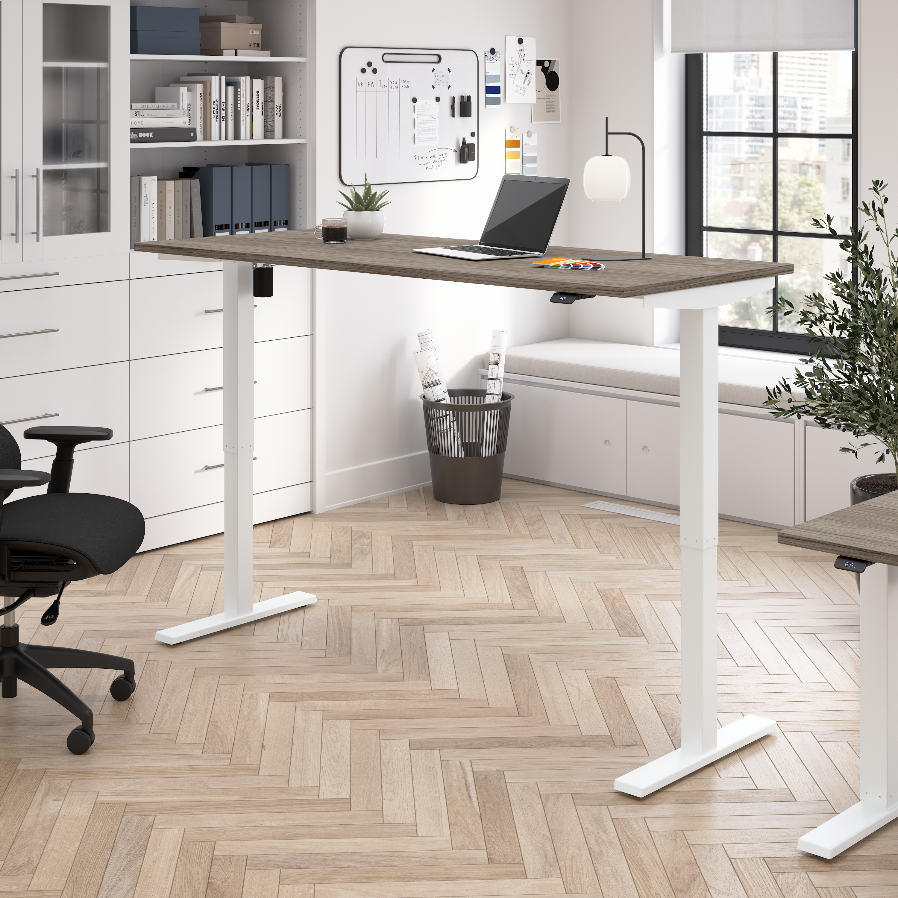 Shop Bush Business Furniture Move 40 Series 72W x 30D Electric Height Adjustable Standing Desk 01 M4S7230MHWK #color_modern hickory/white powder coat