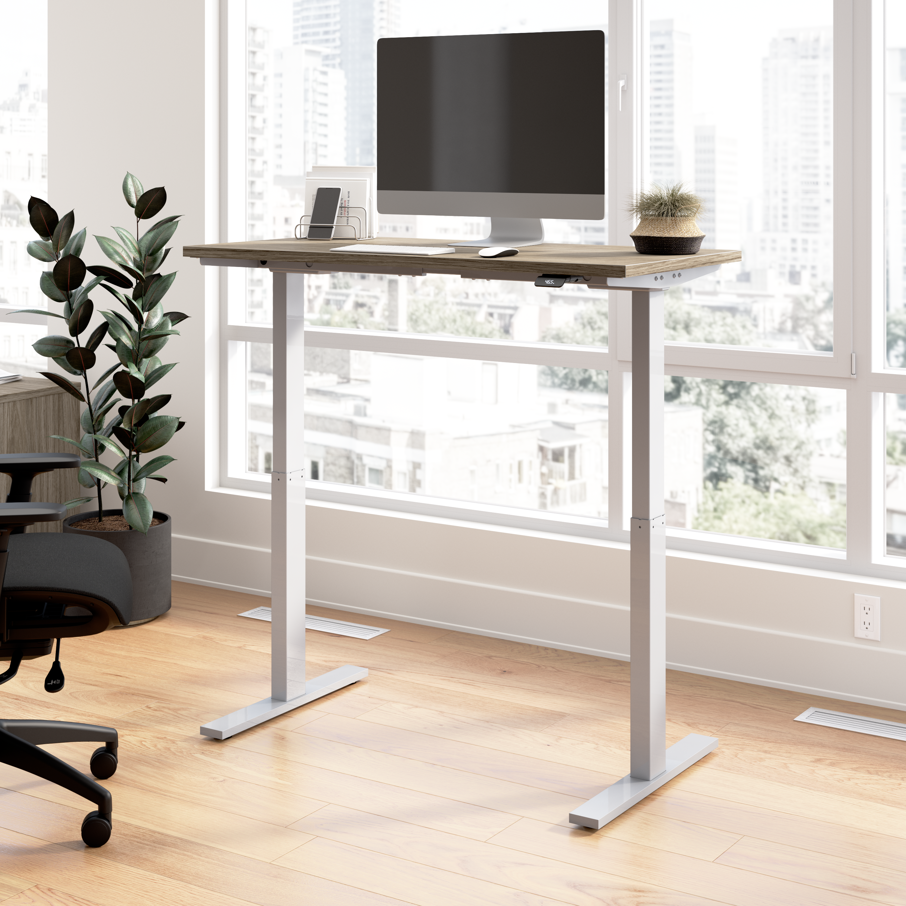 Shop Bush Business Furniture Move 60 Series 48W x 24D Electric Height Adjustable Standing Desk 01 M6S4824MHSK #color_modern hickory/cool gray metallic