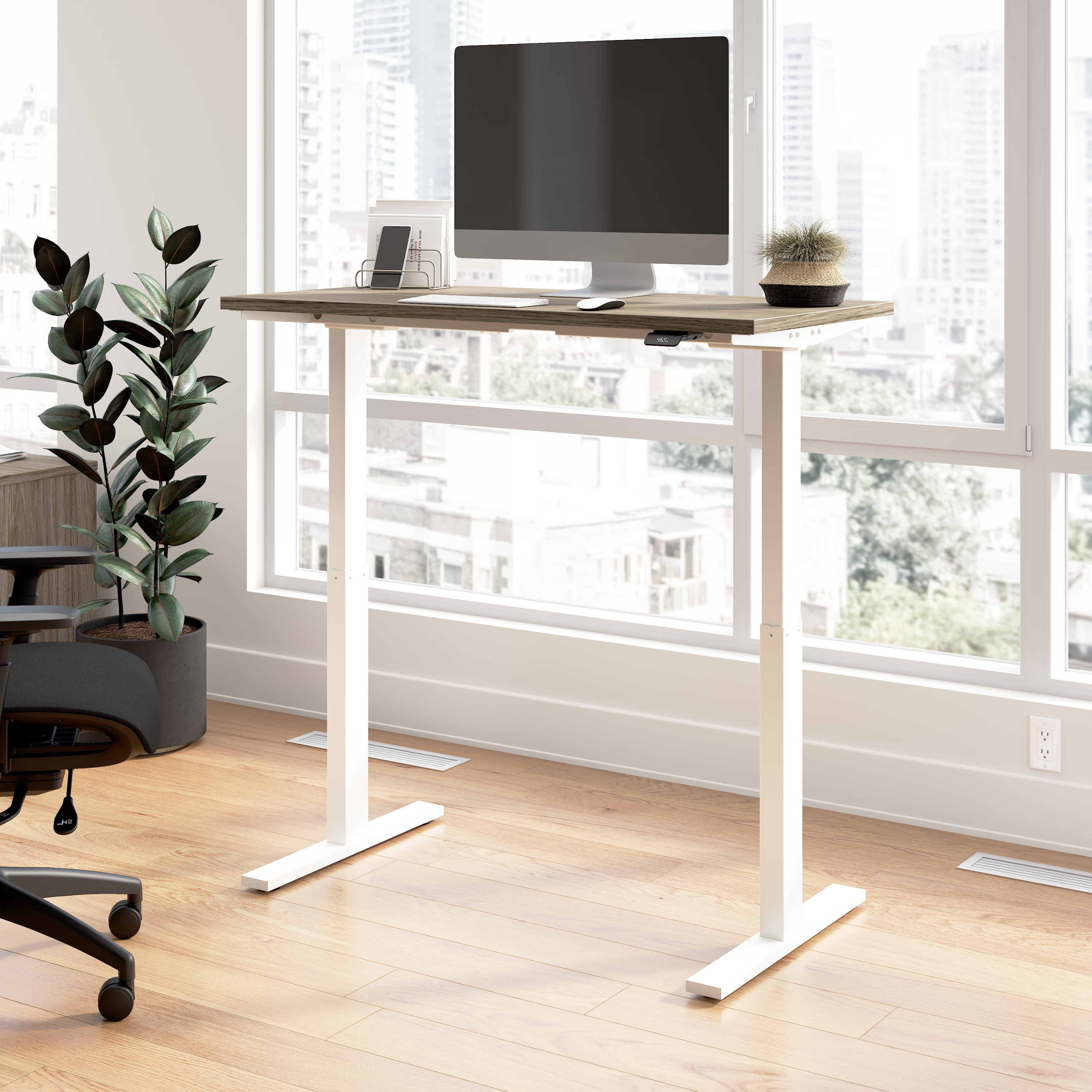 Shop Bush Business Furniture Move 60 Series 48W x 24D Electric Height Adjustable Standing Desk 01 M6S4824MHWK #color_modern hickory/white powder coat