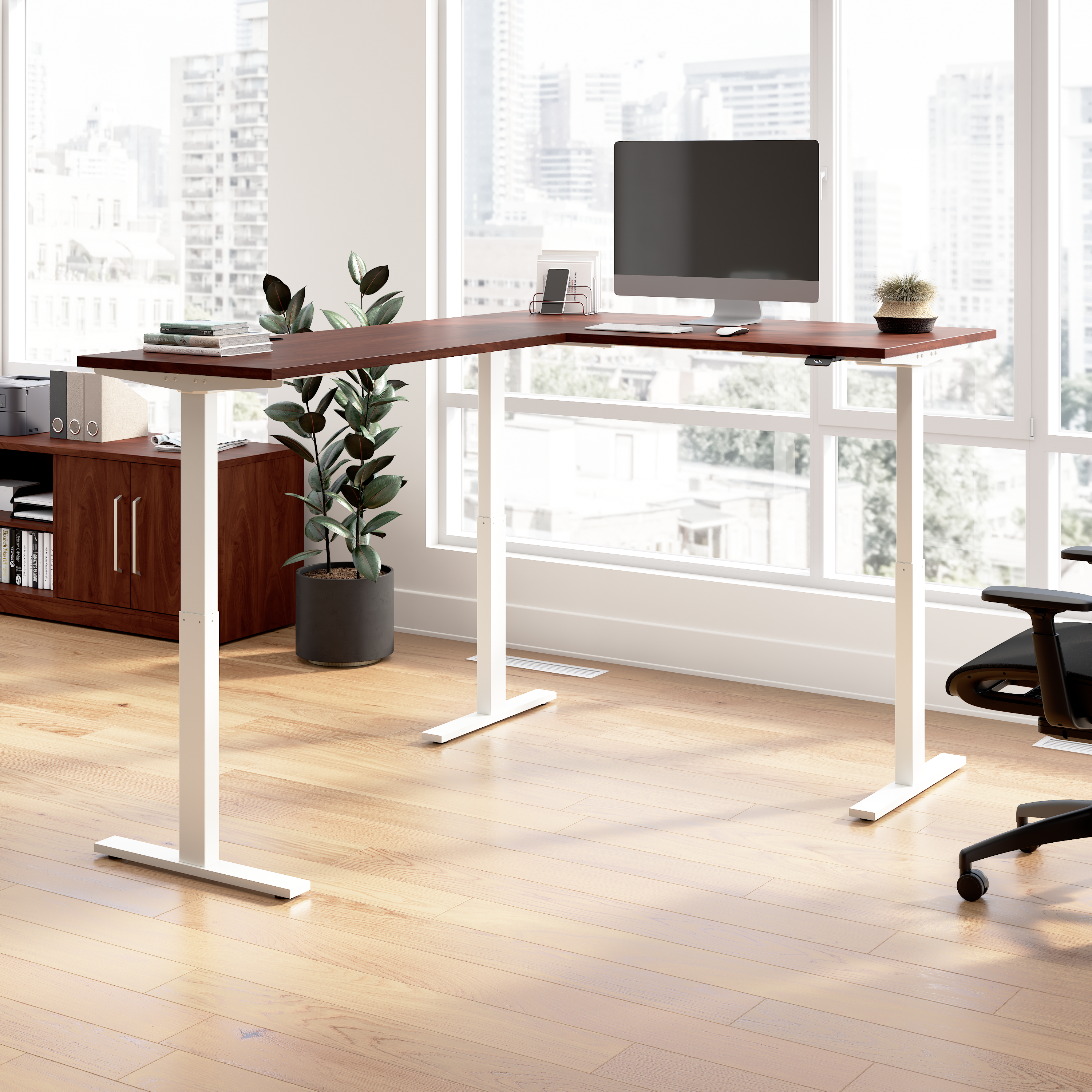 Shop Bush Business Furniture Move 60 Series 60W Height Adjustable L Shaped Standing Desk 01 M6SL6078HCWK #color_hansen cherry/white powder coat