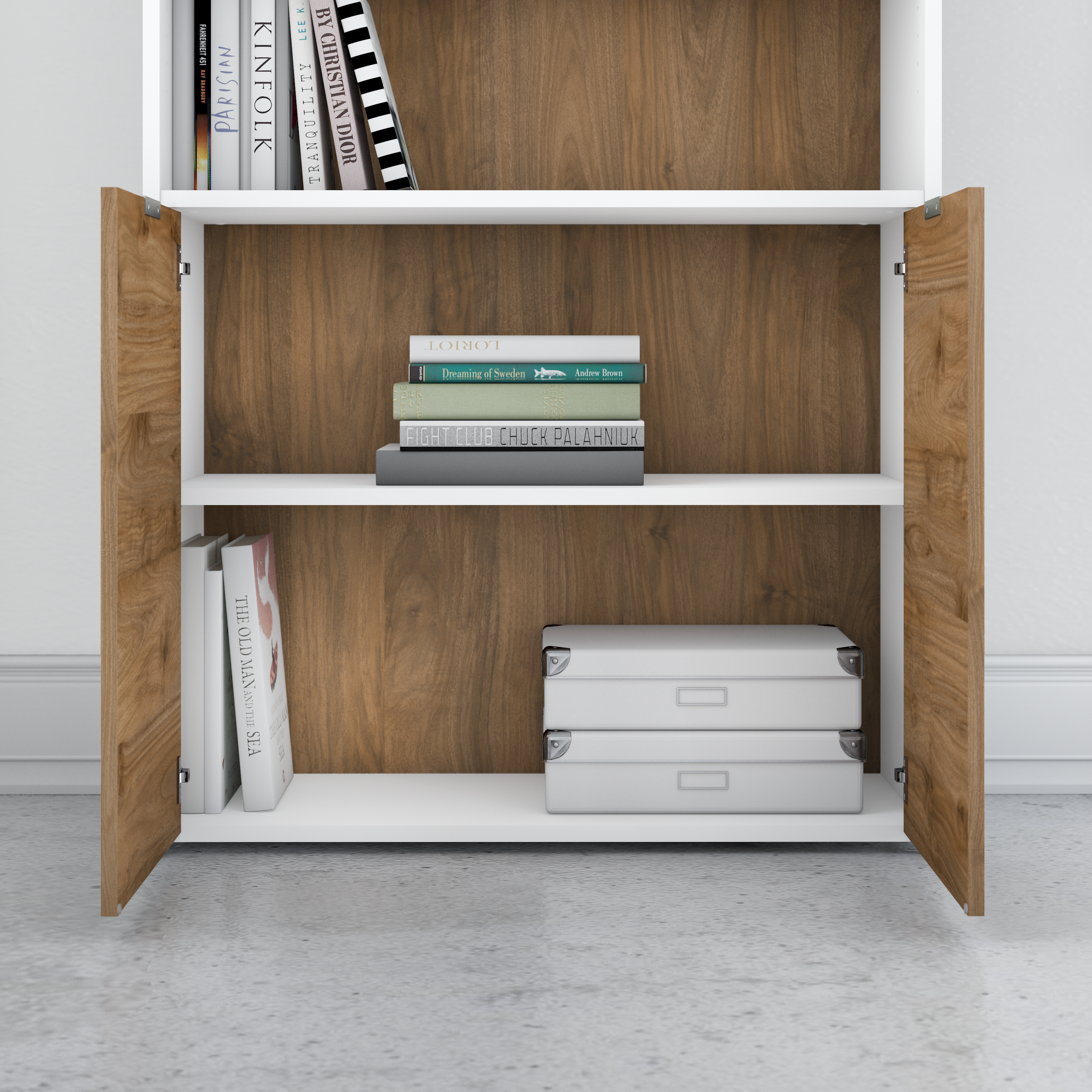 Shop Bush Business Furniture Jamestown 5 Shelf Bookcase with Doors 07 JTB136FWWH #color_fresh walnut/white