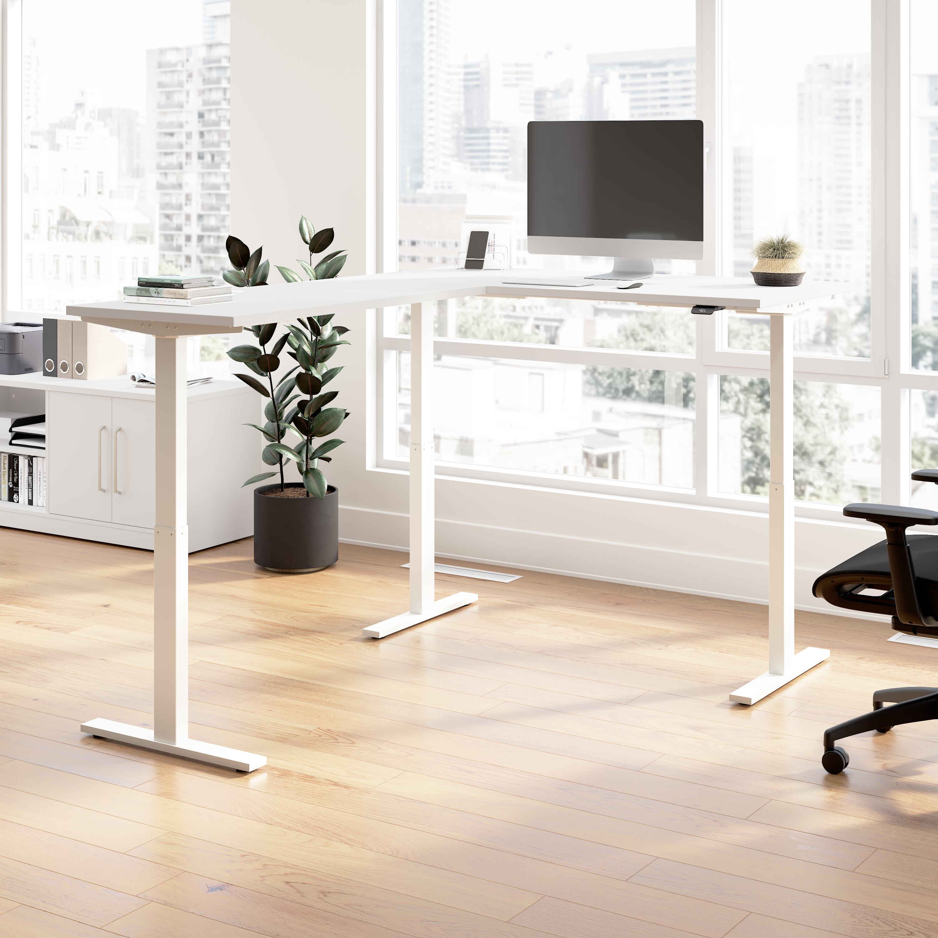 Shop Bush Business Furniture Move 60 Series 60W Height Adjustable L Shaped Standing Desk 01 M6SL6078WHWK #color_white/white powder coat