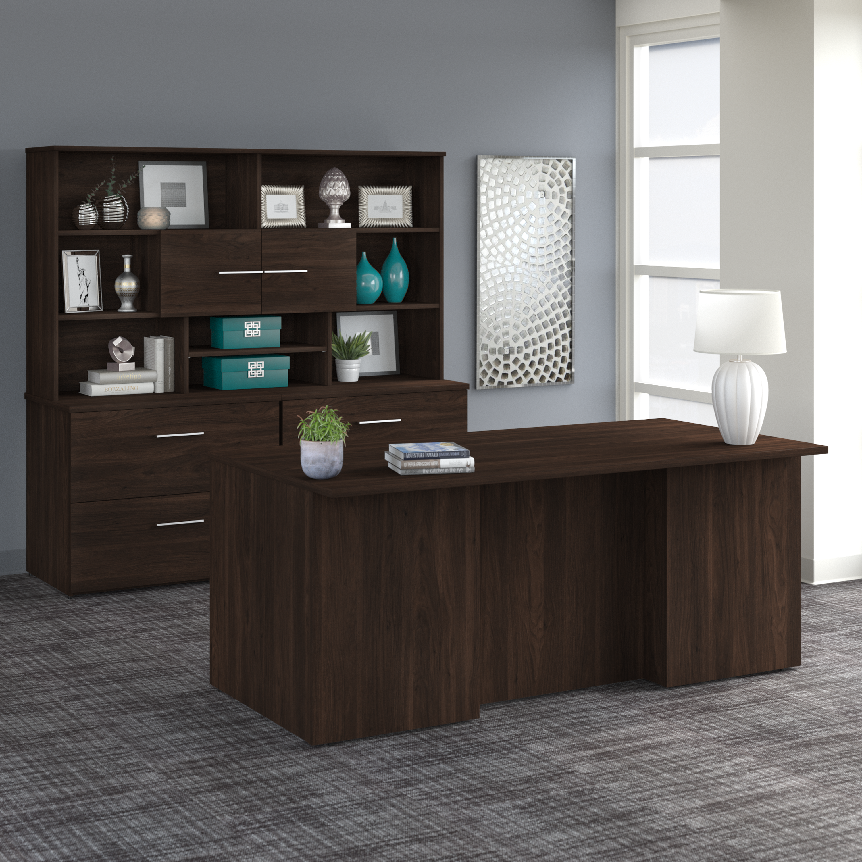 Shop Bush Business Furniture Office 500 72W L Shaped Executive Desk with Drawers 06 OF5004BWSU #color_black walnut