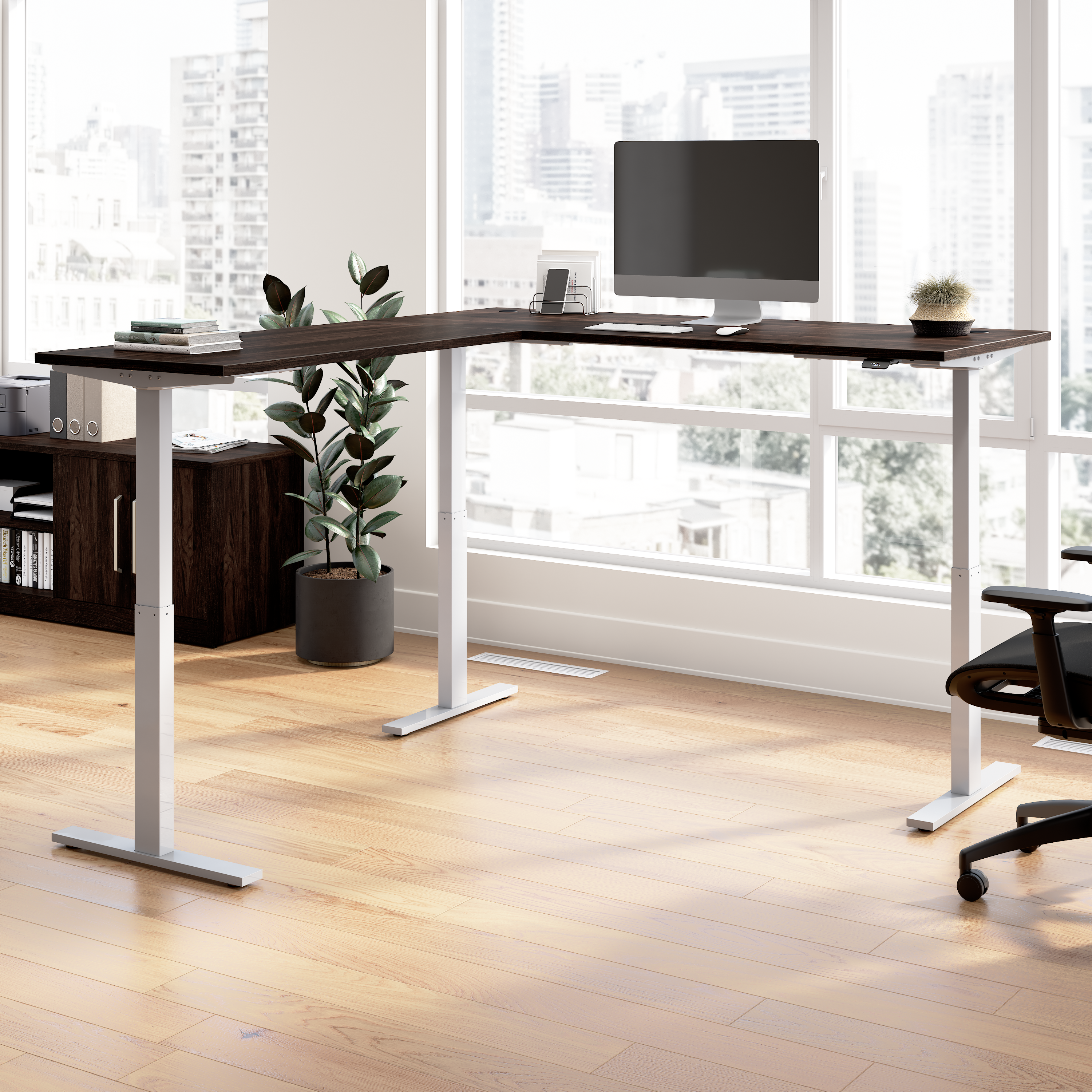 Shop Bush Business Furniture Move 60 Series 72W Height Adjustable L Shaped Standing Desk 01 M6SL7278BWSK #color_black walnut/cool gray metallic