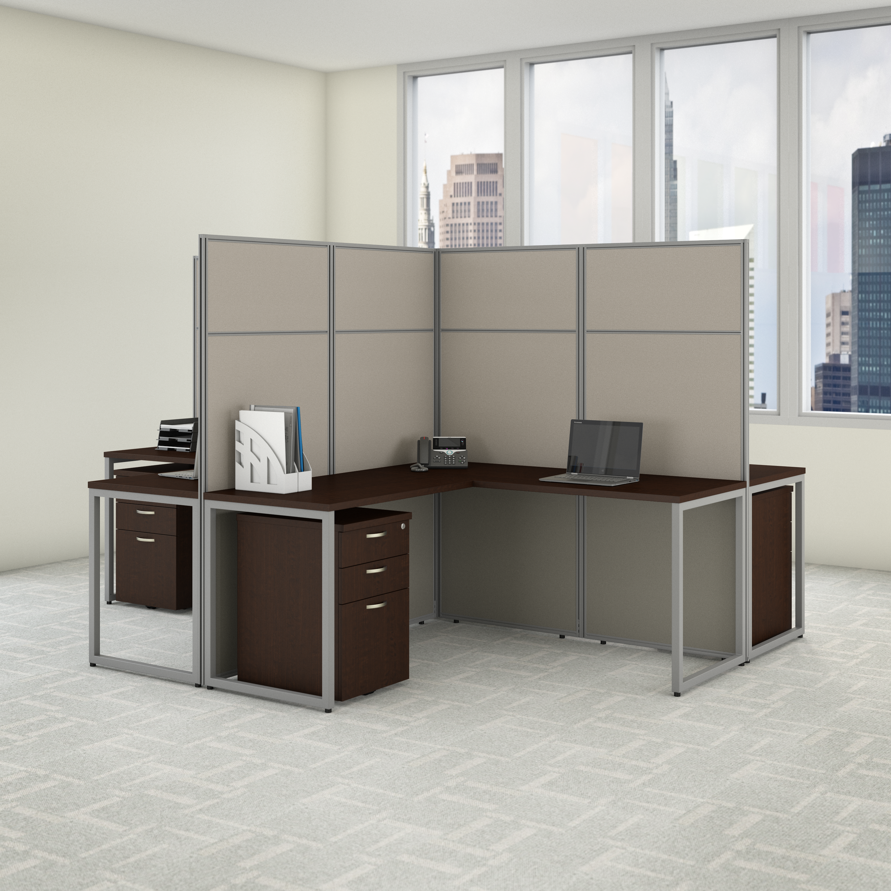 Shop Bush Business Furniture Easy Office 60W 4 Person L Shaped Cubicle Desk Workstation with 66H Panels 05 EODH760MR-03K #color_mocha cherry