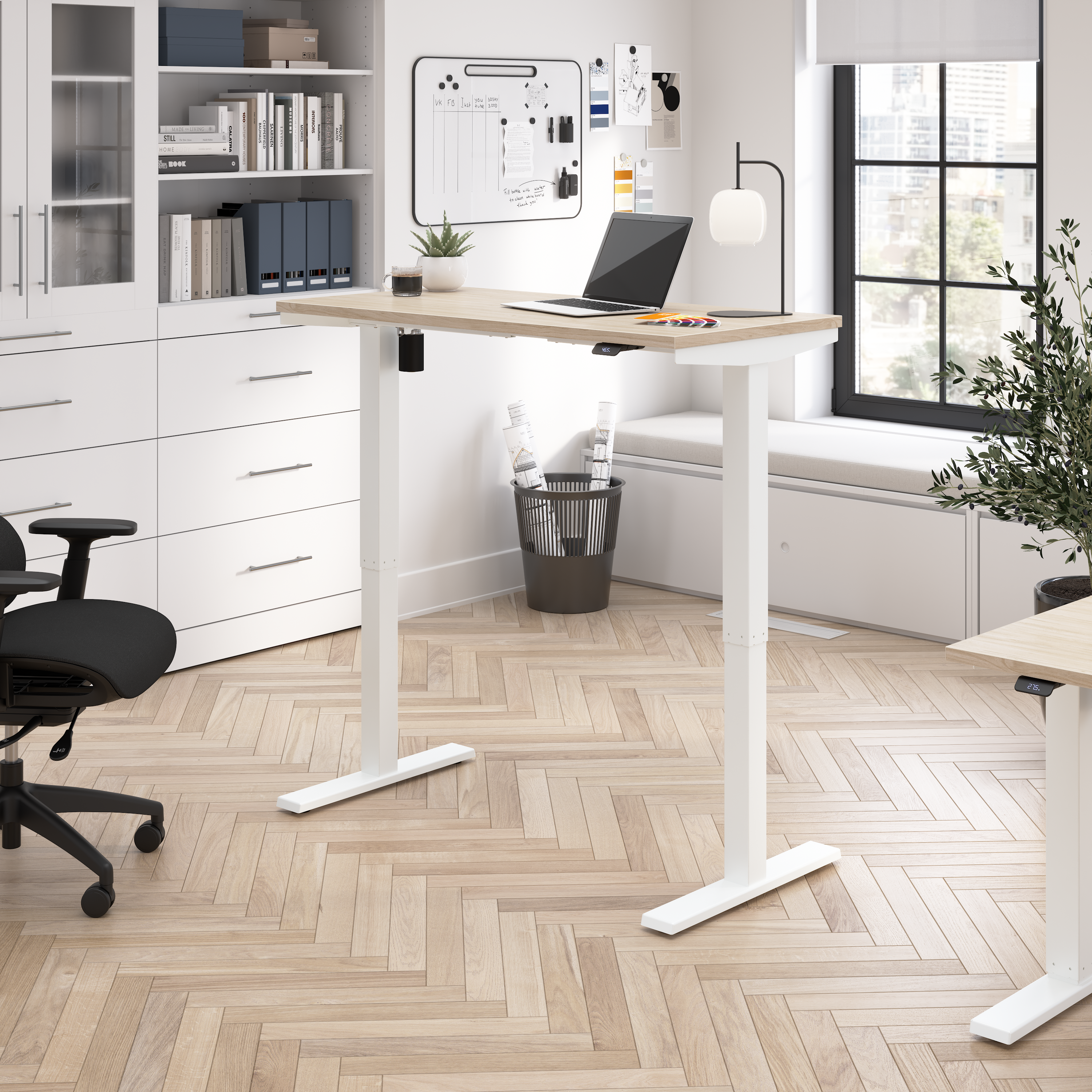 Shop Bush Business Furniture Move 40 Series 48W x 24D Electric Height Adjustable Standing Desk 01 M4S4824NEWK #color_natural elm/white powder coat