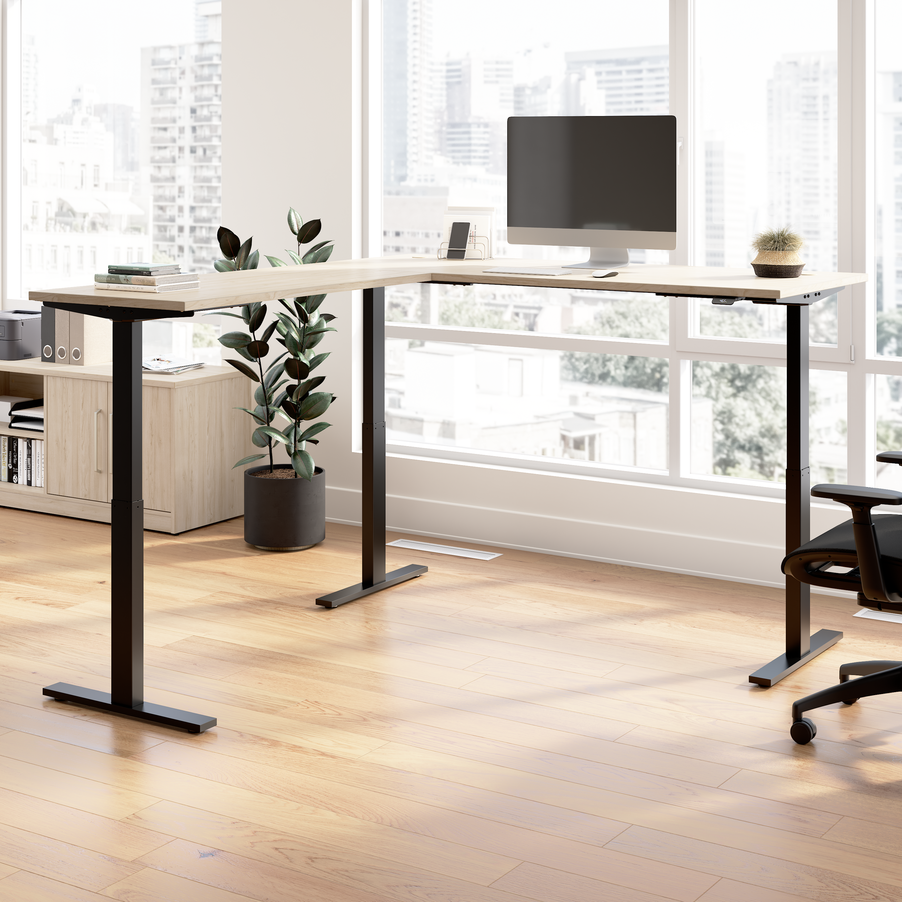 Shop Bush Business Furniture Move 60 Series 72W Height Adjustable L Shaped Standing Desk 01 M6SL7278NEBK #color_natural elm/black powder coat