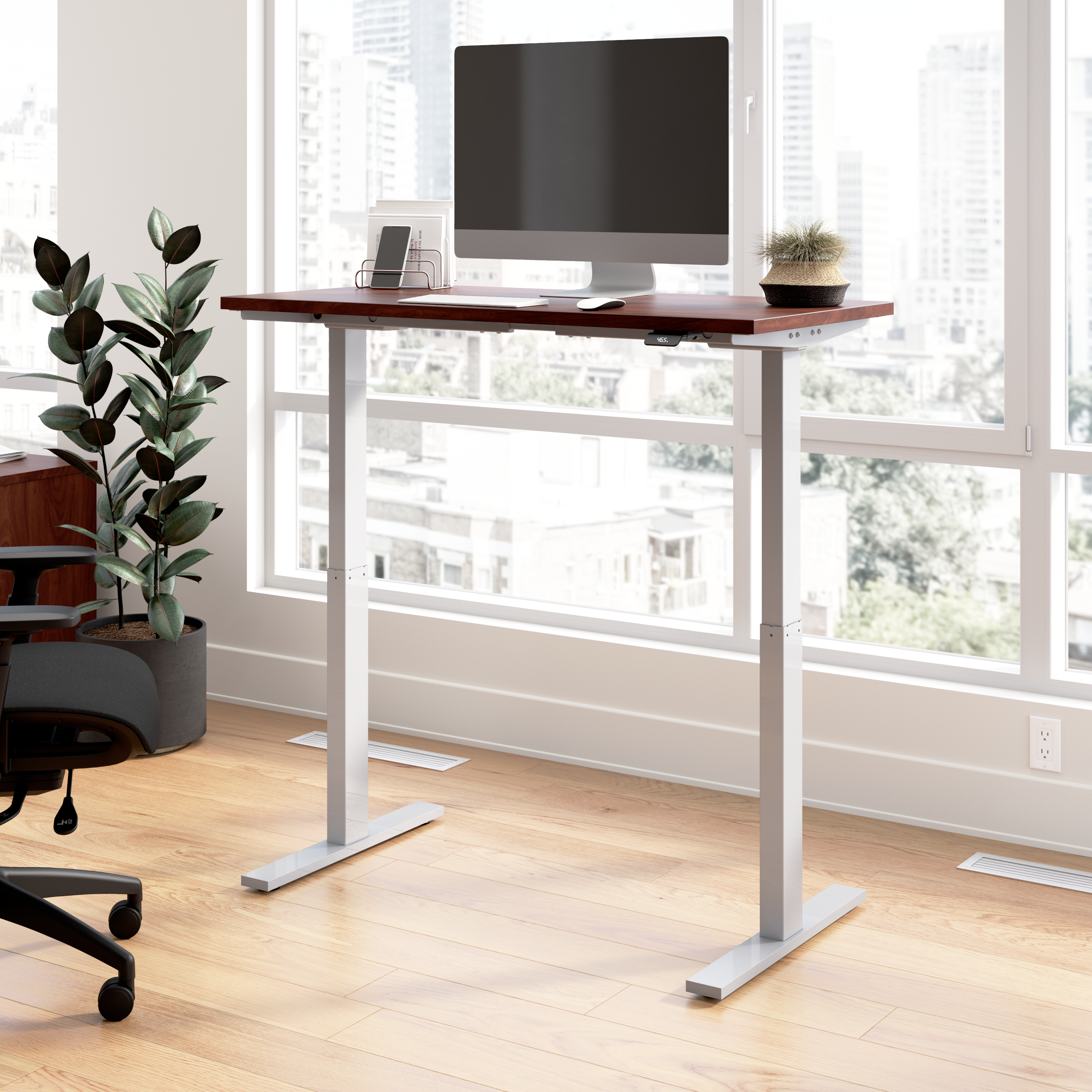 Shop Bush Business Furniture Move 60 Series 48W x 24D Electric Height Adjustable Standing Desk 01 M6S4824HCSK #color_hansen cherry/cool gray metallic