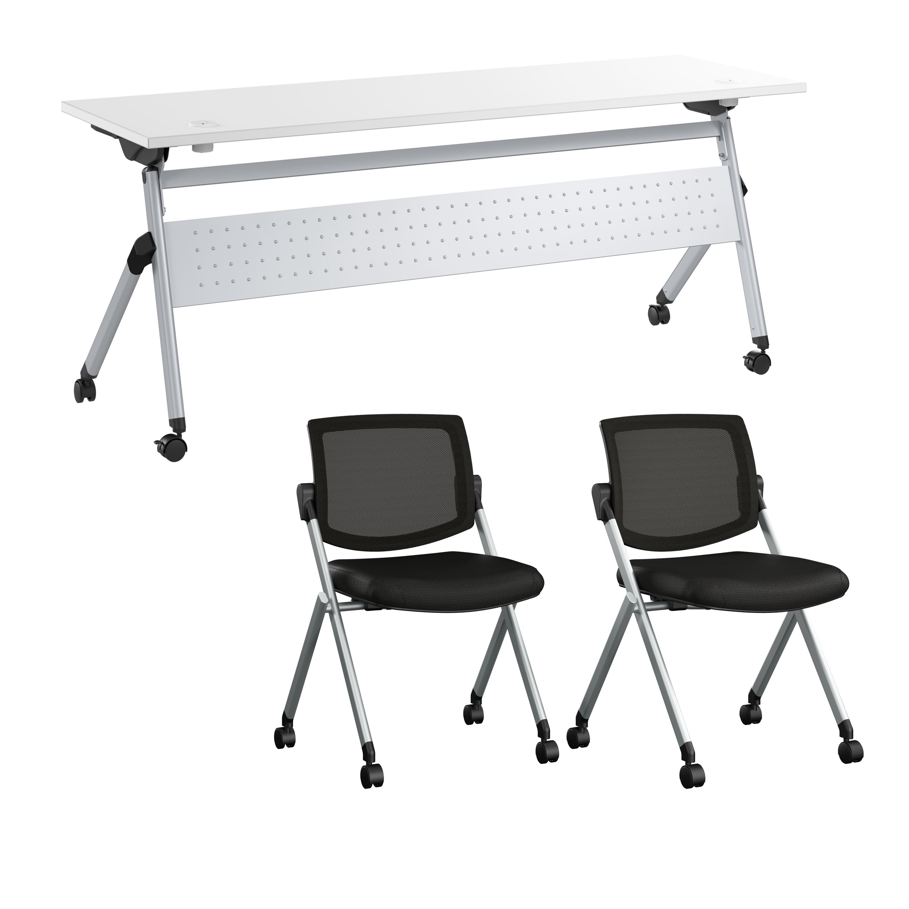 Shop Bush Business Furniture Envision 72W Folding Training Table with Powered Grommets and 2 Chairs 02 NVS008WH #color_white/cool gray metallic