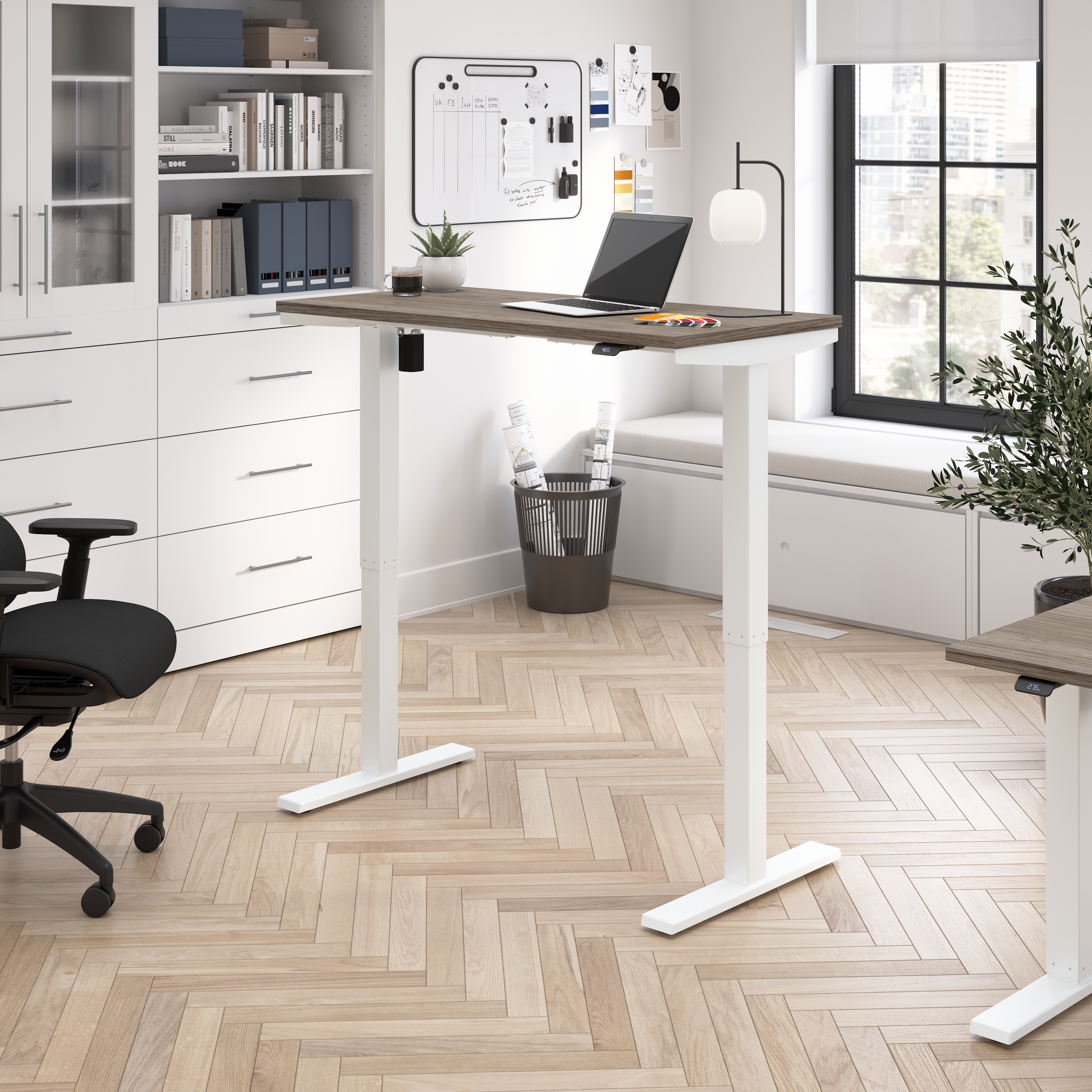 Shop Bush Business Furniture Move 40 Series 48W x 24D Electric Height Adjustable Standing Desk 01 M4S4824MHWK #color_modern hickory/white powder coat