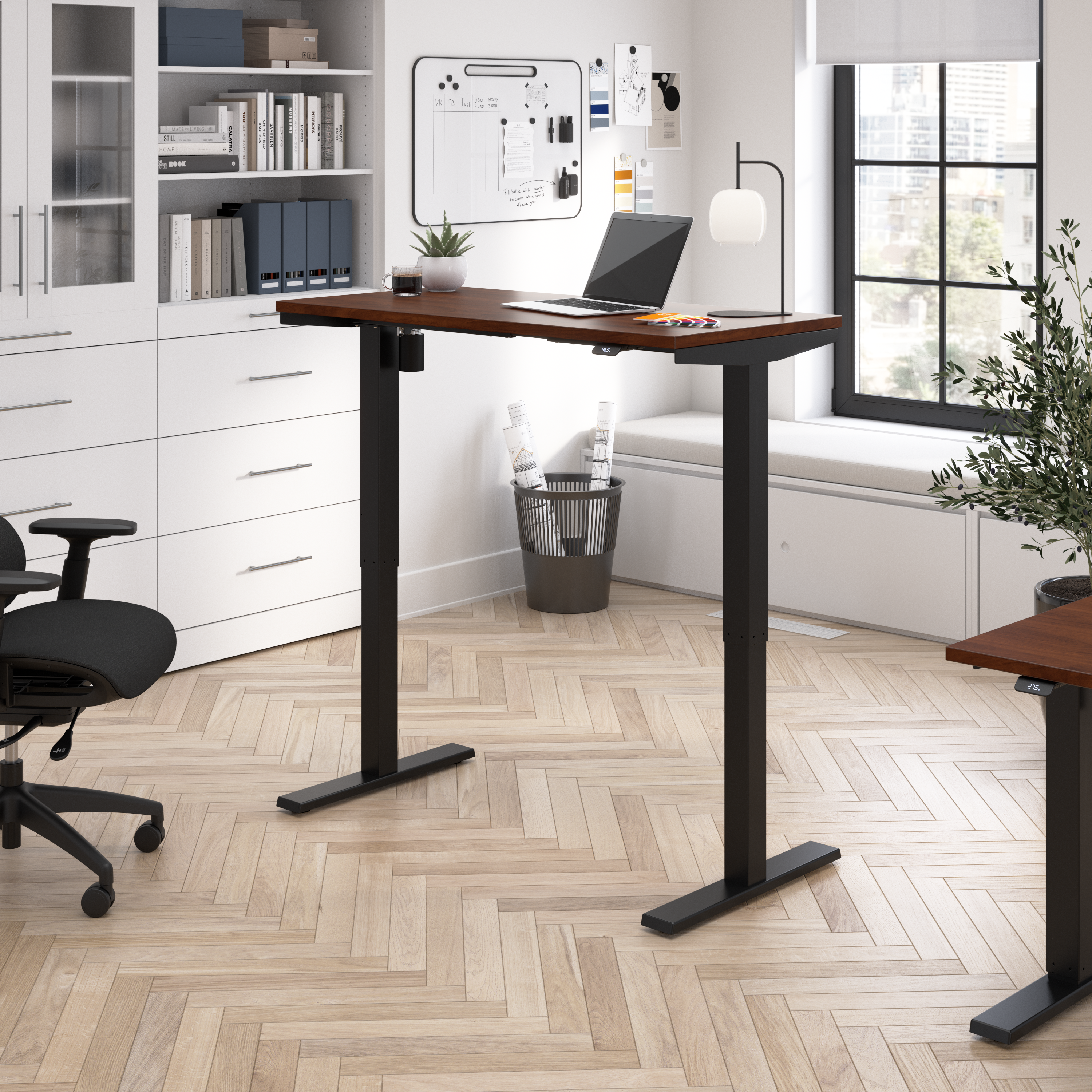 Shop Bush Business Furniture Move 40 Series 48W x 24D Electric Height Adjustable Standing Desk 01 M4S4824HCBK #color_hansen cherry/black powder coat