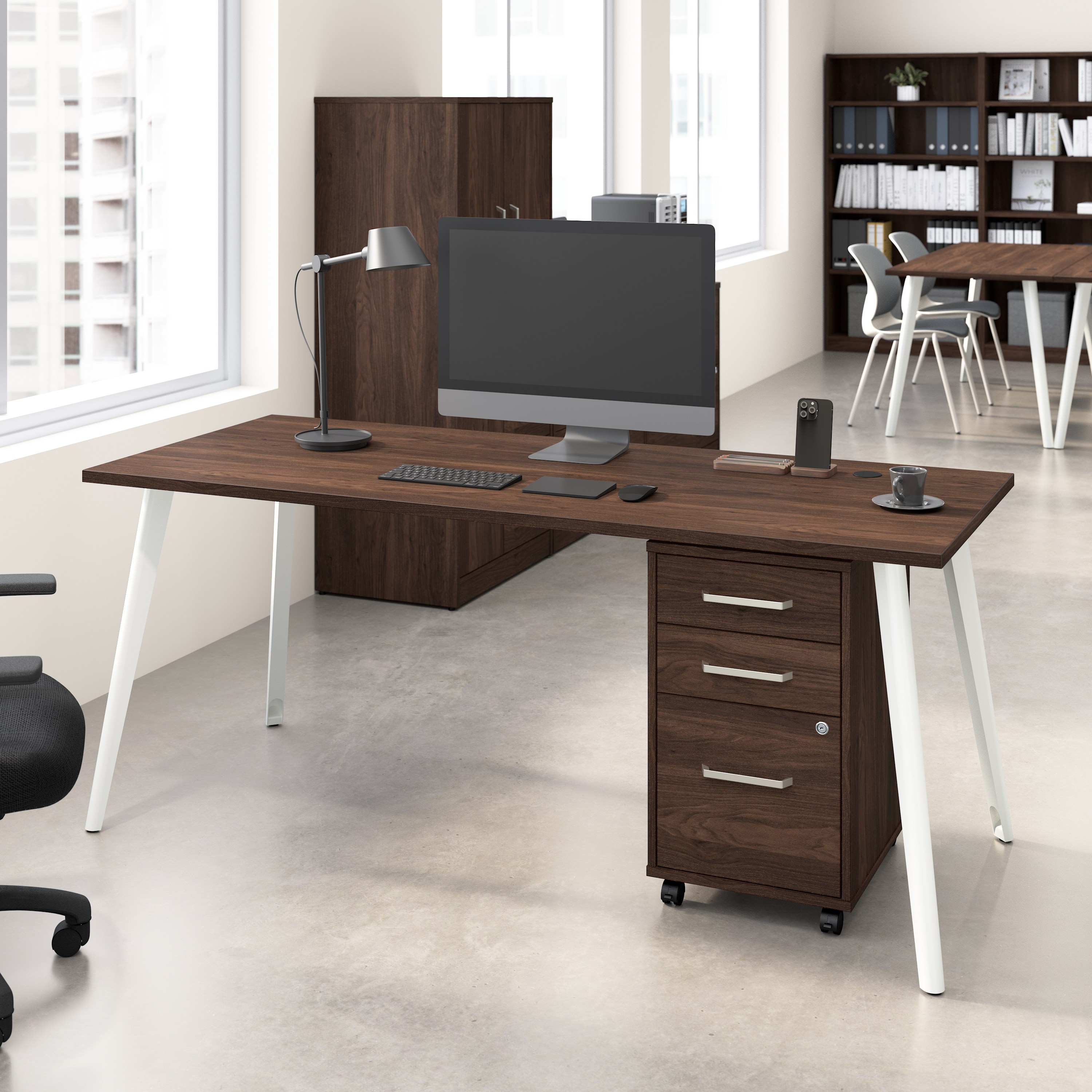 Shop Bush Business Furniture Vista 72W Desk with Splayed Metal Legs and 3 Drawer Mobile File Cabinet 01 VST001BWSU #color_black walnut