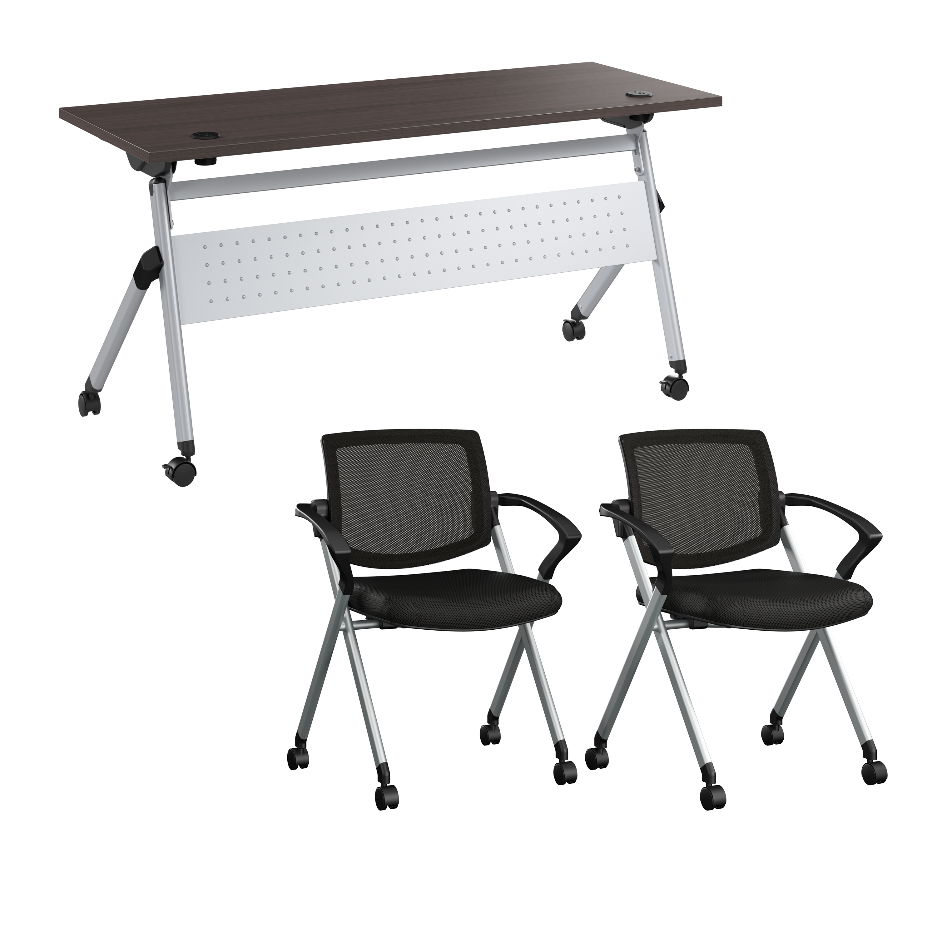 Shop Bush Business Furniture Envision 60W Training Table with Powered Grommets and 2 Chairs with Arms 02 NVS005SG #color_storm gray/cool gray metallic