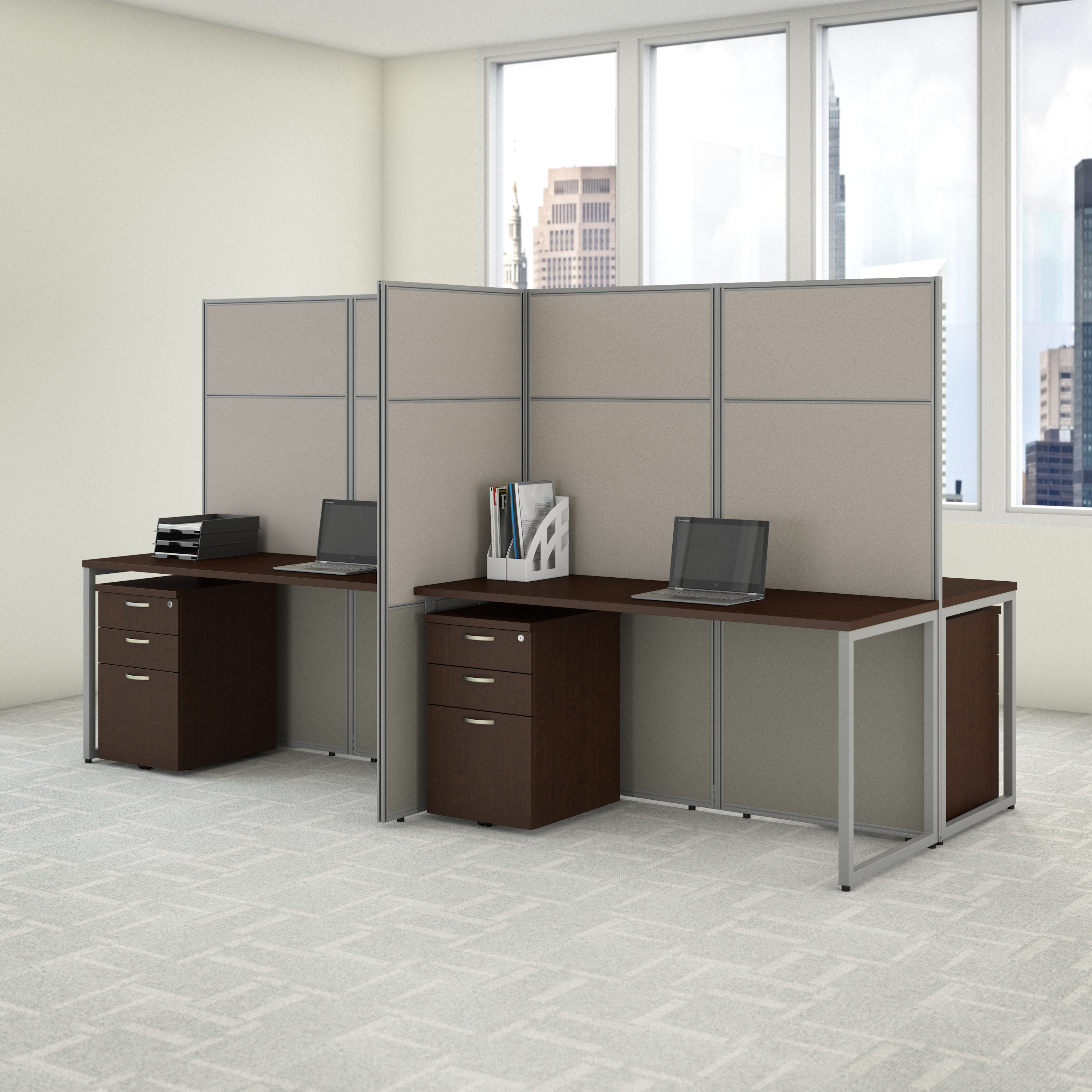 Shop Bush Business Furniture Easy Office 60W 4 Person Cubicle Desk with File Cabinets and 66H Panels 05 EODH66SMR-03K #color_mocha cherry