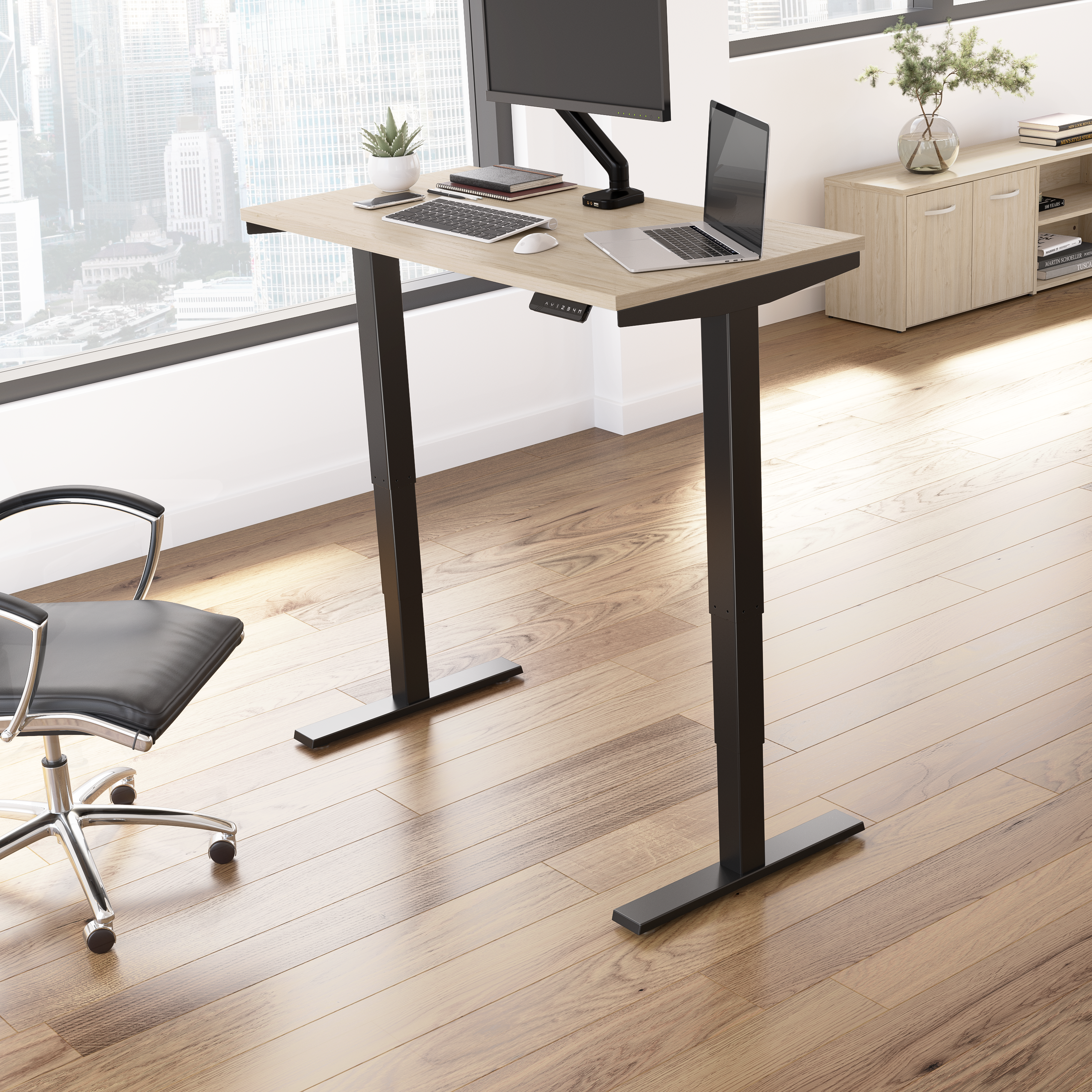 Shop Move 40 Series by Bush Business Furniture 48W x 24D Electric Height Adjustable Standing Desk 01 M4S4824NEBK #color_natural elm/black powder coat