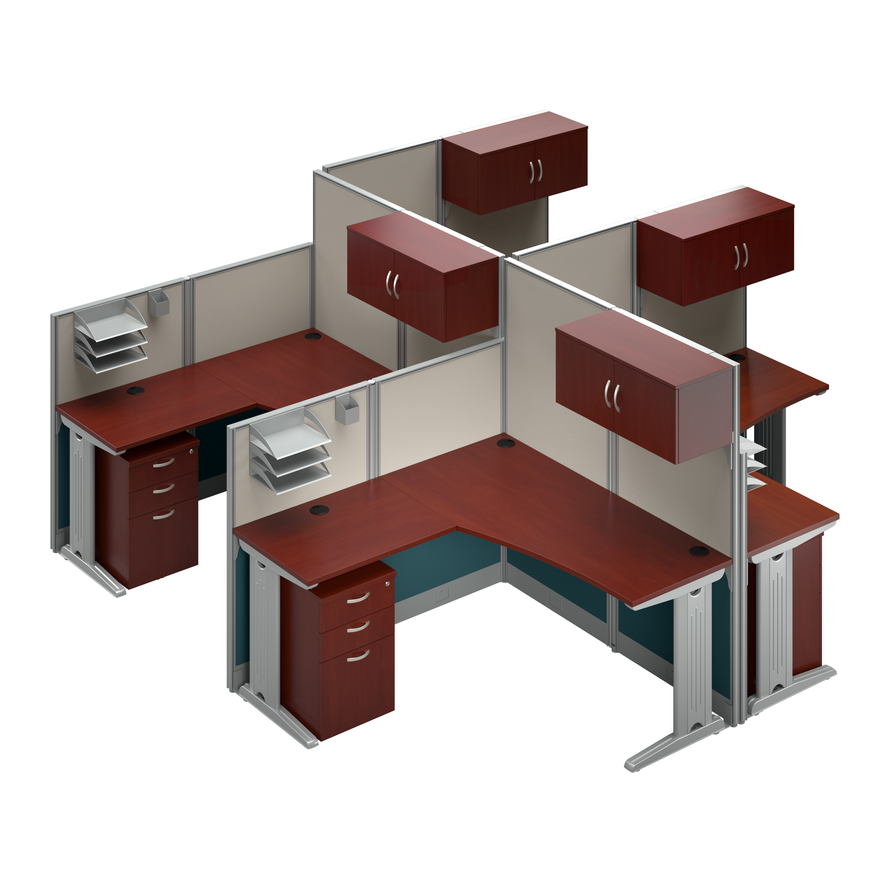 Shop Bush Business Furniture Office in an Hour 4 Person L Shaped Cubicle Desks with Storage, Drawers, and Organizers 02 OIAH007HC #color_hansen cherry