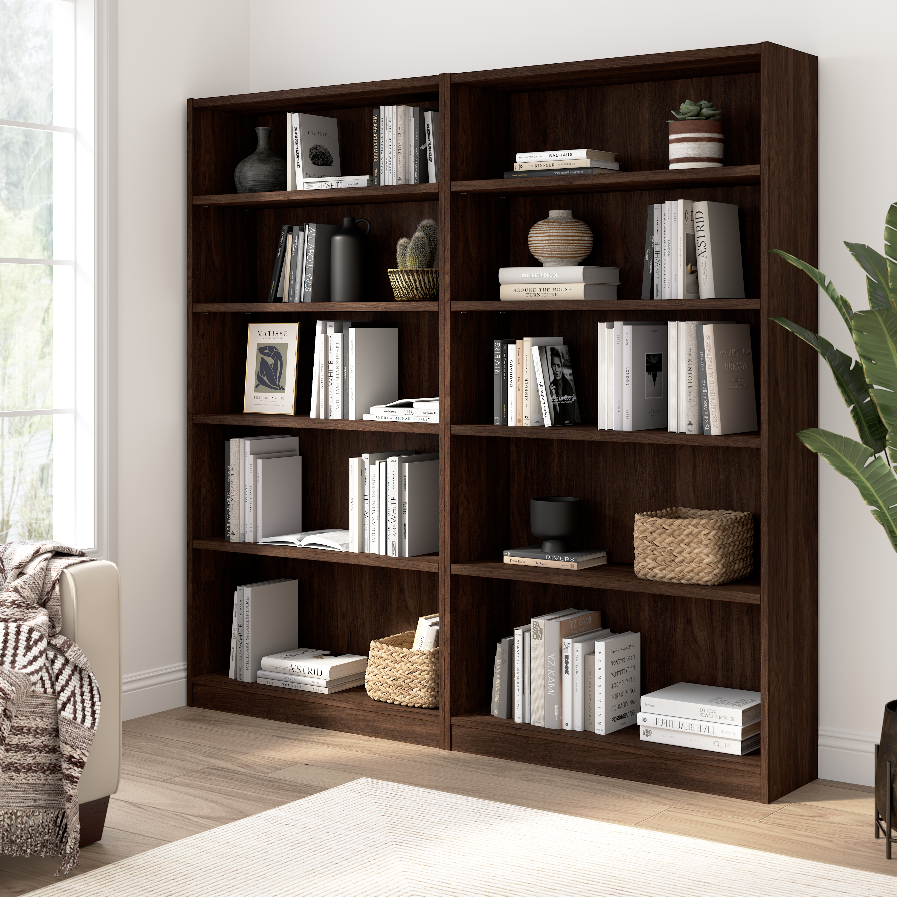 Shop Bush Furniture Universal Tall 5 Shelf Bookcase - Set of 2 01 UB003BW #color_black walnut