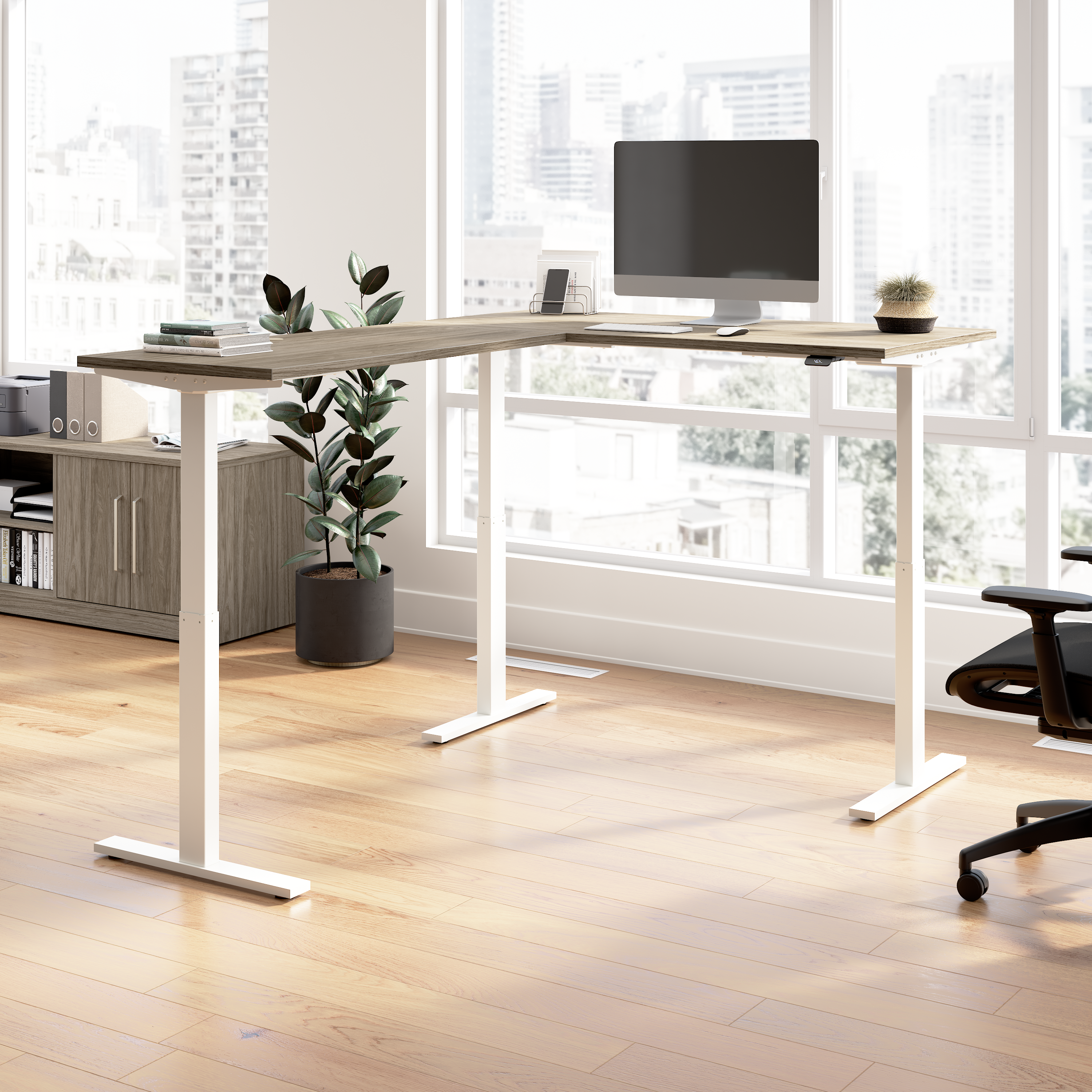 Shop Bush Business Furniture Move 60 Series 60W Height Adjustable L Shaped Standing Desk 01 M6SL6078MHWK #color_modern hickory/white powder coat