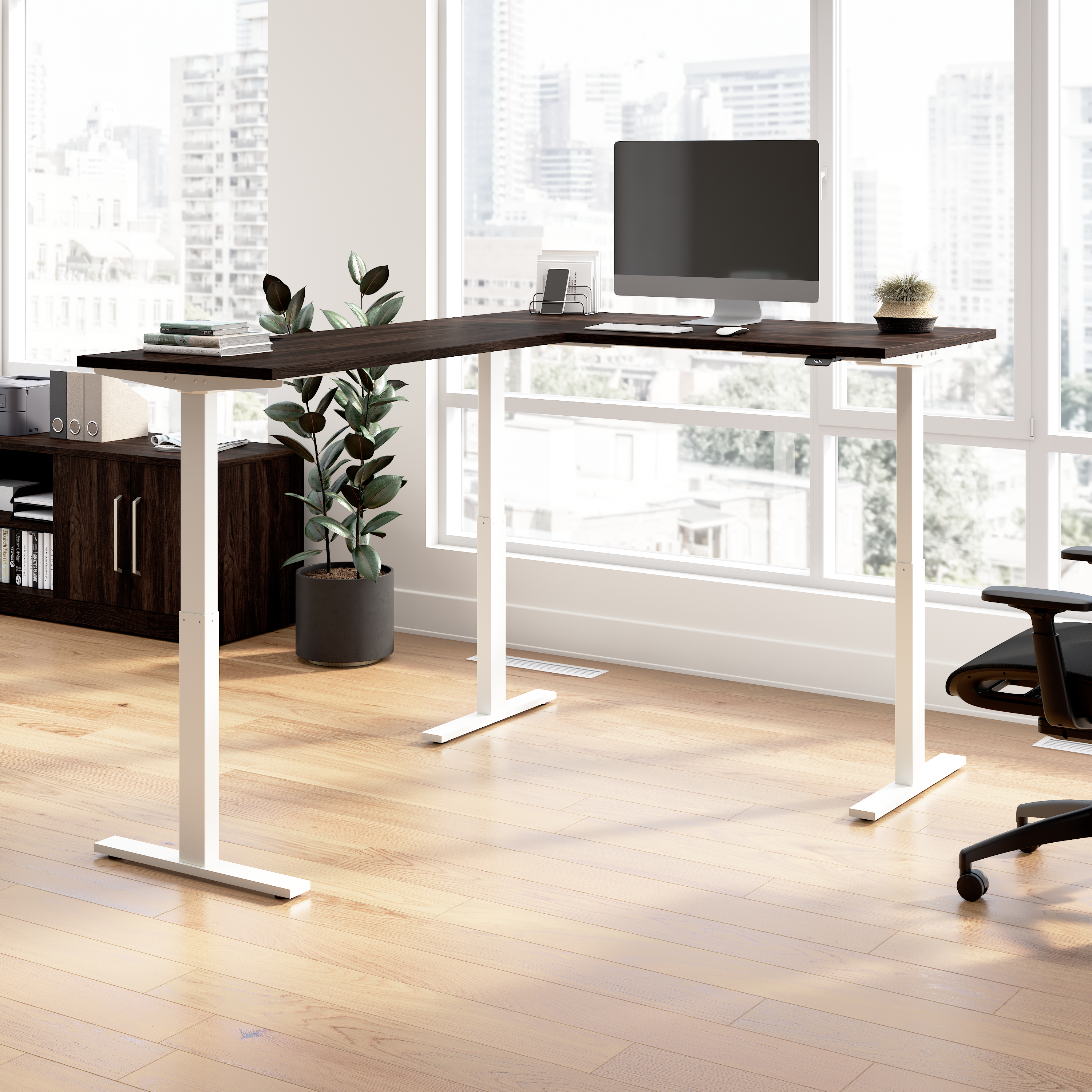 Shop Bush Business Furniture Move 60 Series 60W Height Adjustable L Shaped Standing Desk 01 M6SL6078BWWK #color_black walnut/white powder coat