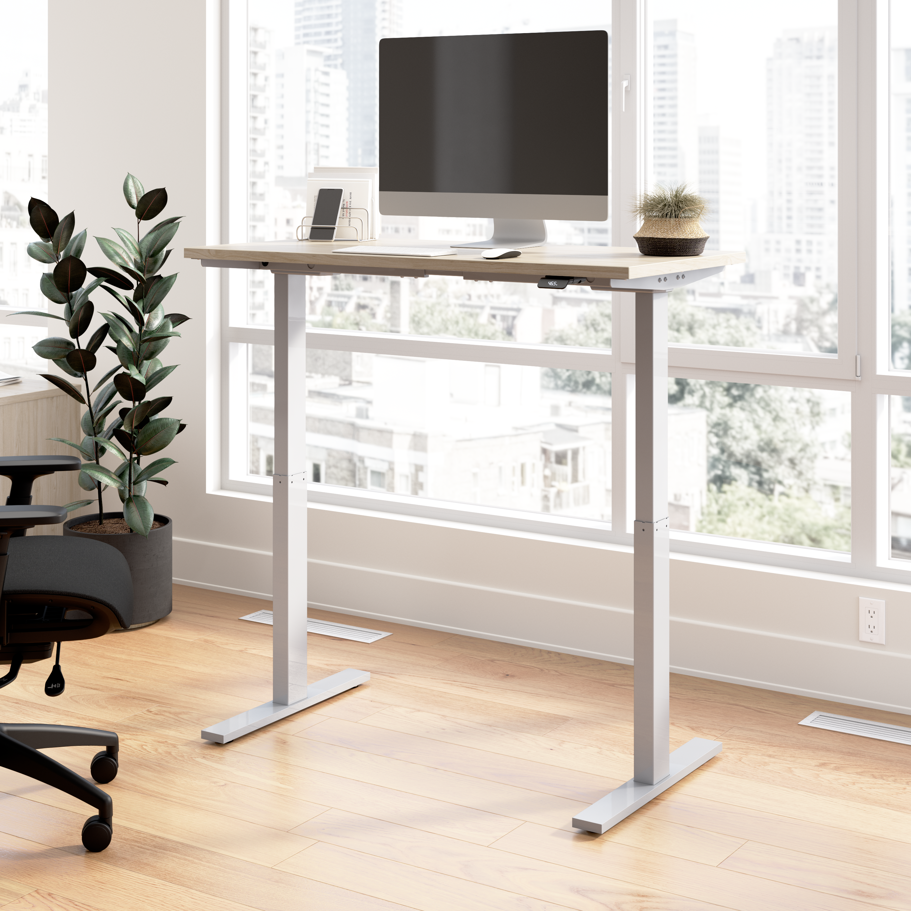 Shop Bush Business Furniture Move 60 Series 48W x 24D Electric Height Adjustable Standing Desk 01 M6S4824NESK #color_natural elm/cool gray metallic