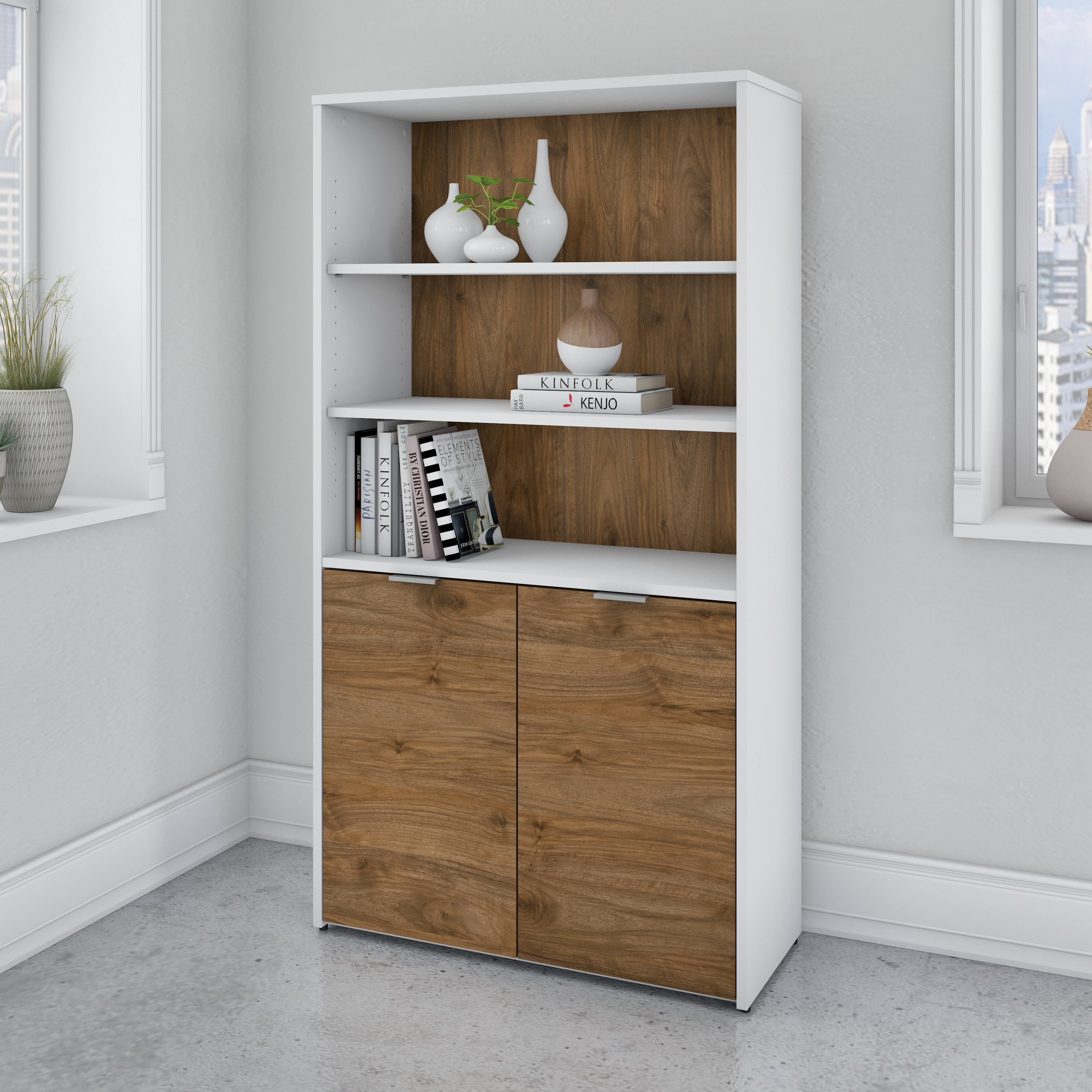 Shop Bush Business Furniture Jamestown 5 Shelf Bookcase with Doors 01 JTB136FWWH #color_fresh walnut/white