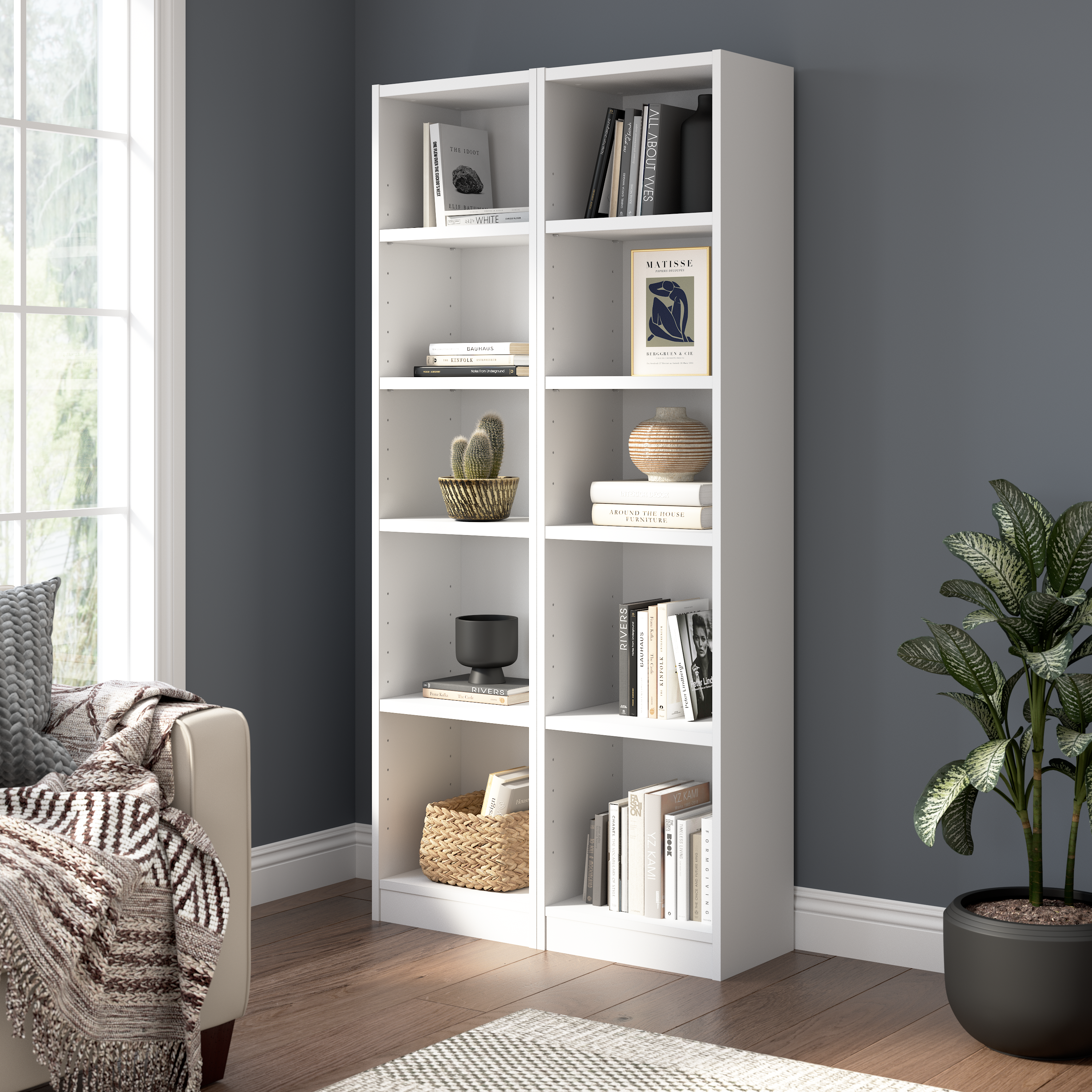 Shop Bush Furniture Universal 17W Narrow 5 Shelf Bookcase - Set of 2 01 UB005WH #color_white