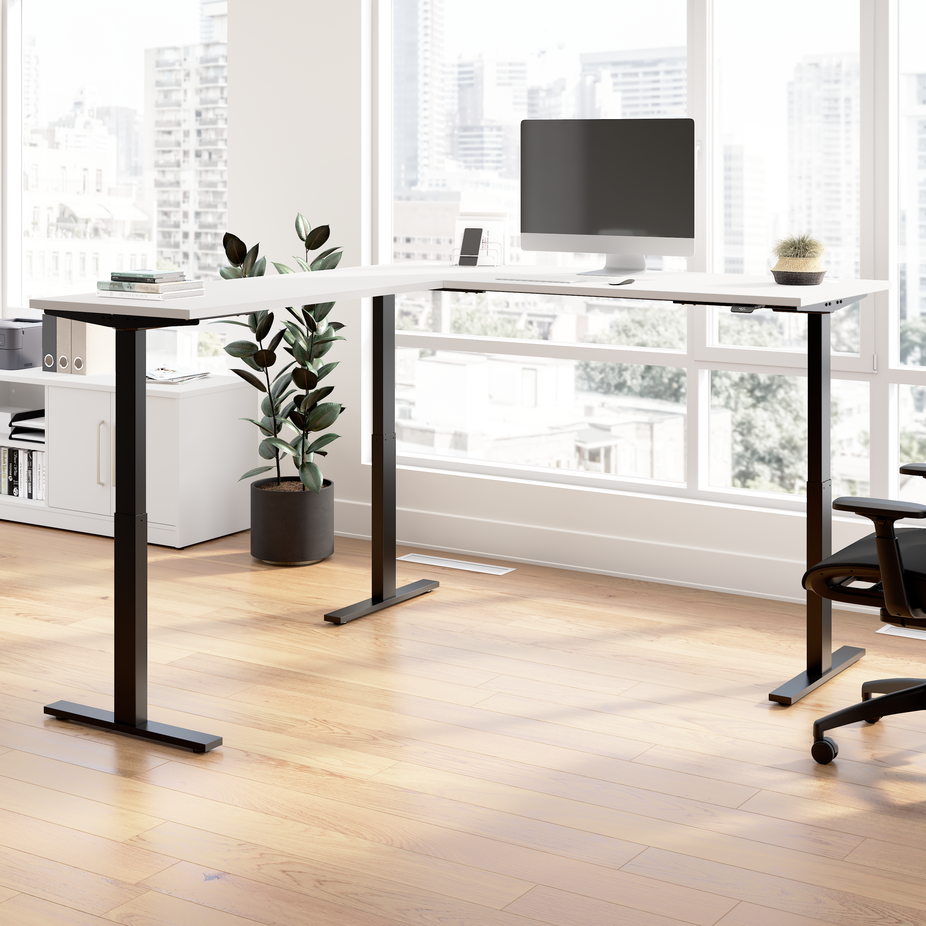 Shop Bush Business Furniture Move 60 Series 72W Height Adjustable L Shaped Standing Desk 01 M6SL7278WHBK #color_white/black powder coat