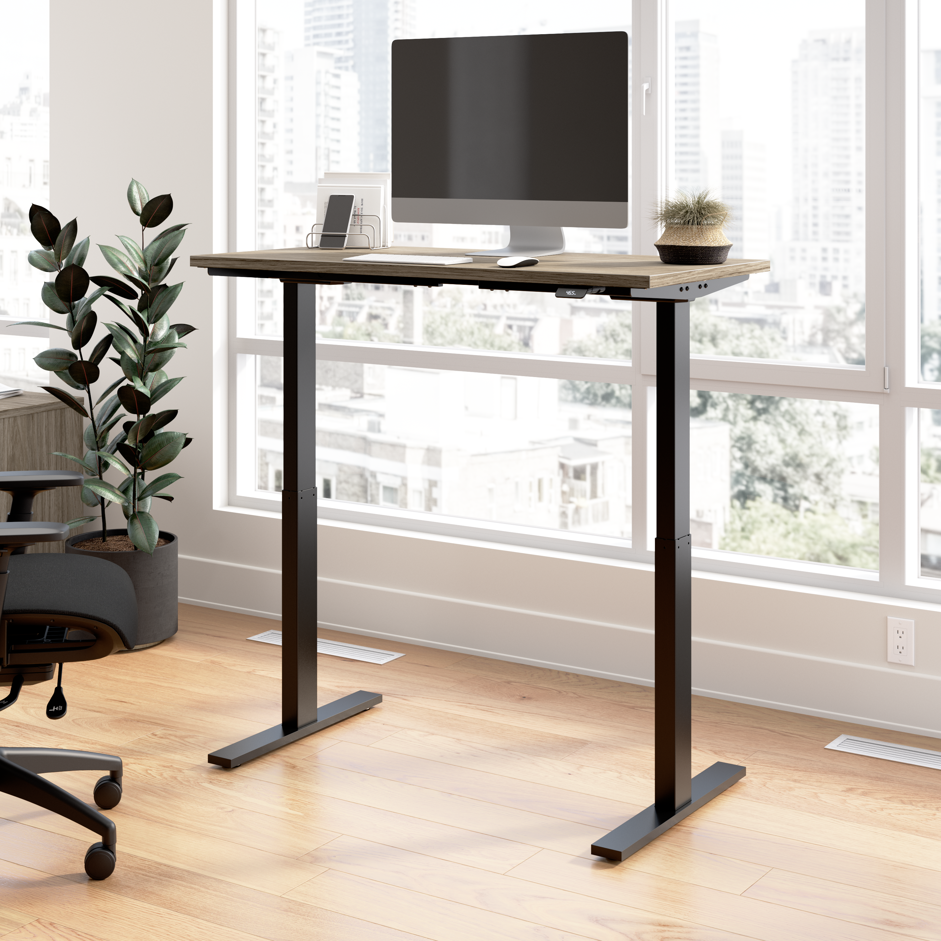 Shop Bush Business Furniture Move 60 Series 48W x 24D Electric Height Adjustable Standing Desk 01 M6S4824MHBK #color_modern hickory/black powder coat