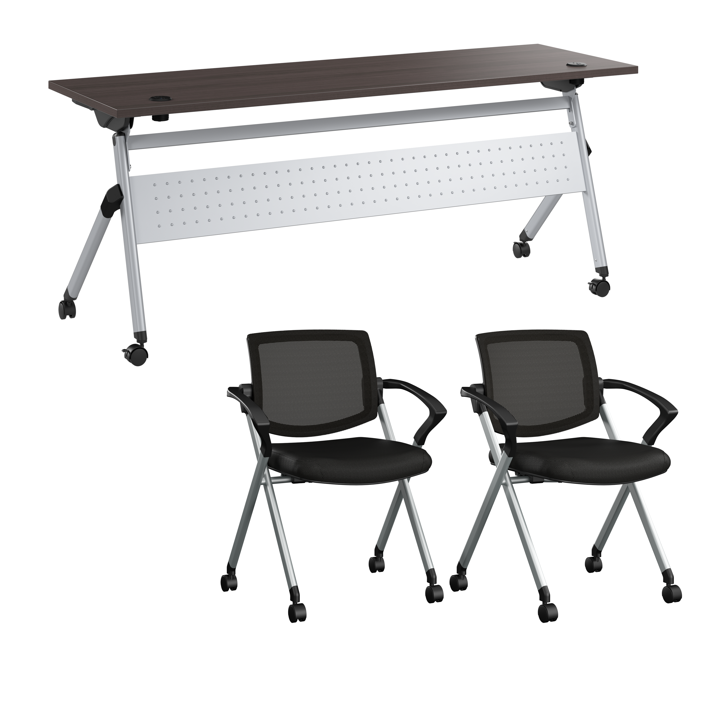 Shop Bush Business Furniture Envision 72W Training Table with Powered Grommets and 2 Chairs with Arms 02 NVS006SG #color_storm gray/cool gray metallic