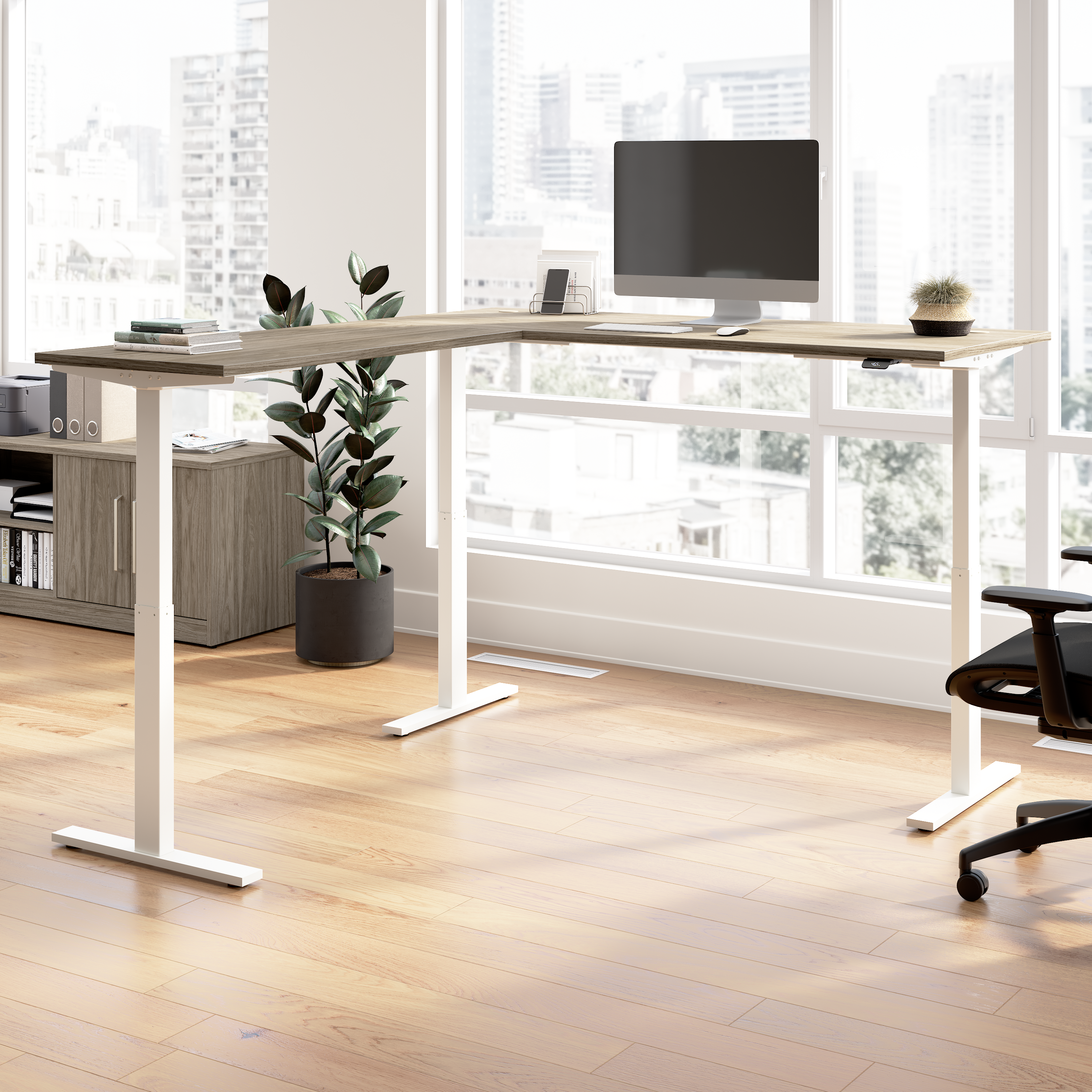 Shop Bush Business Furniture Move 60 Series 72W Height Adjustable L Shaped Standing Desk 01 M6SL7278MHWK #color_modern hickory/white powder coat