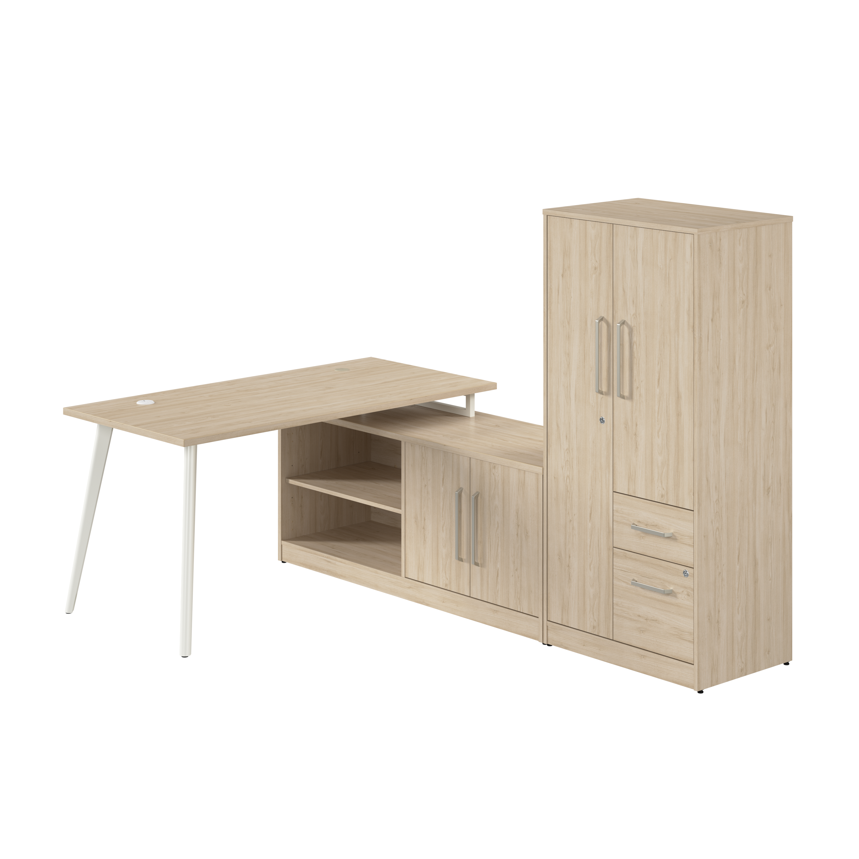 Shop Bush Business Furniture Vista 60W L Shaped Desk with Metal Legs, Low Storage Cabinet, and Wardrobe 02 VST010NE #color_natural elm